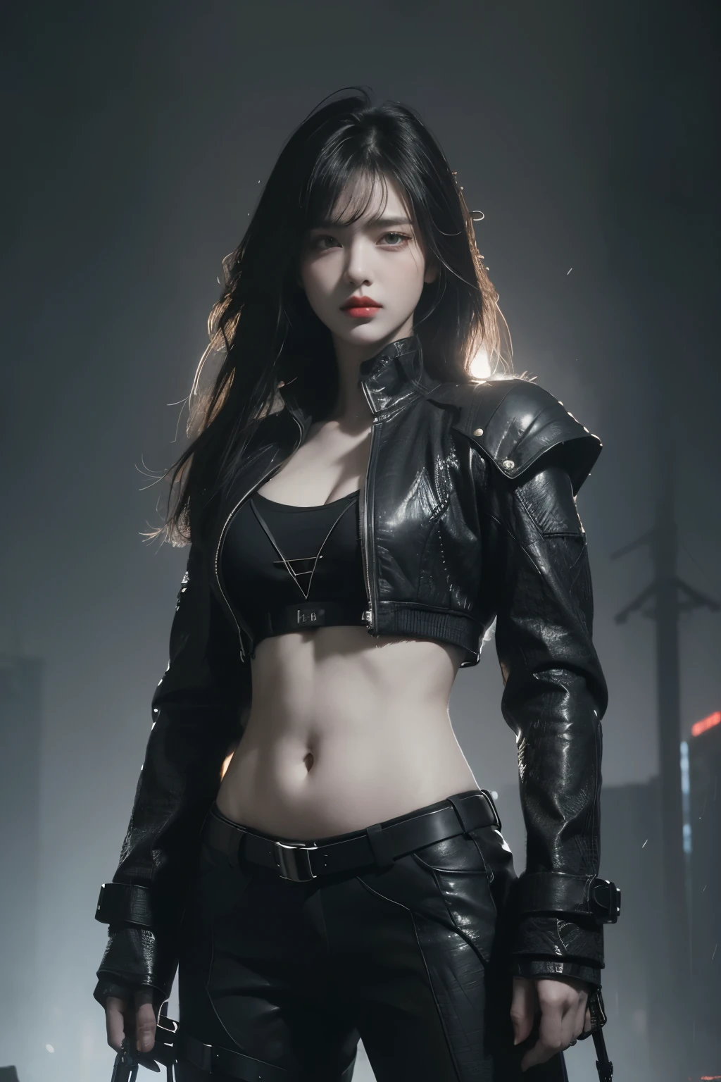 tmasterpiece,Best quality,A high resolution,8K,(Portrait photograph:1.5),(ROriginal photo),real photograph,digital photography,(Combination of cyberpunk and fantasy style),(Female soldier),20 year old girl,random hair style,By bangs,(Red eyeigchest, accessories,Redlip,(He frowned,Sneer),(Cyberpunk combined with fantasy style clothing,Openwork design,joint armor,police uniforms,Racing Girl Coat),exposing your navel,Photo pose,Realisticstyle,Thunder and lightning on rainy day,(Thunder magic),oc render reflection texture