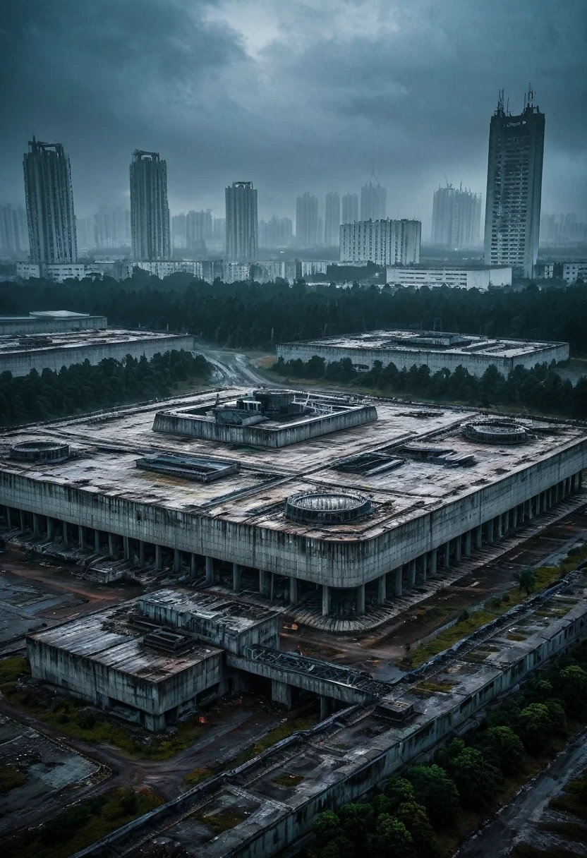 Photo of a huge dystopian secret facility, futurista, estilo blade runner, apocalipse, grey sky, uma nave imensa (Cargueiro espacial) flutuando ao redor da estrutura, has huge futuristic buildings surrounding the facility, the buildings have neon lights on, there are thousands of people walking in the streets nearby, Alien Environment, as realistic as possible, obra premiada.