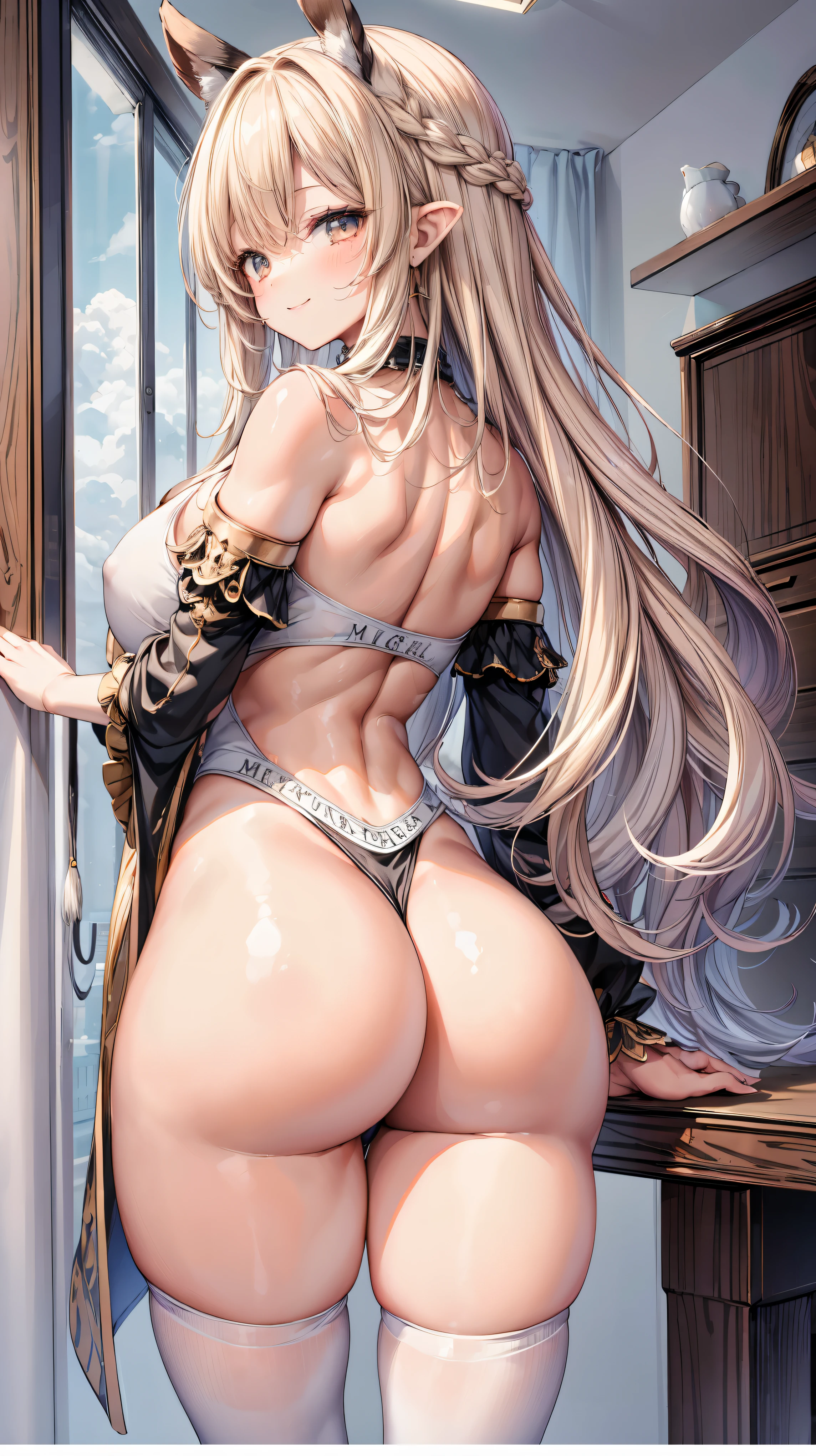 ultra-detailed、highest quality、Highest image quality、master piece、8K、blonde curly hair、smile、(SFW huge body)、(((Rear view)))、cowboy shot、Wearing a thong、knee high socks