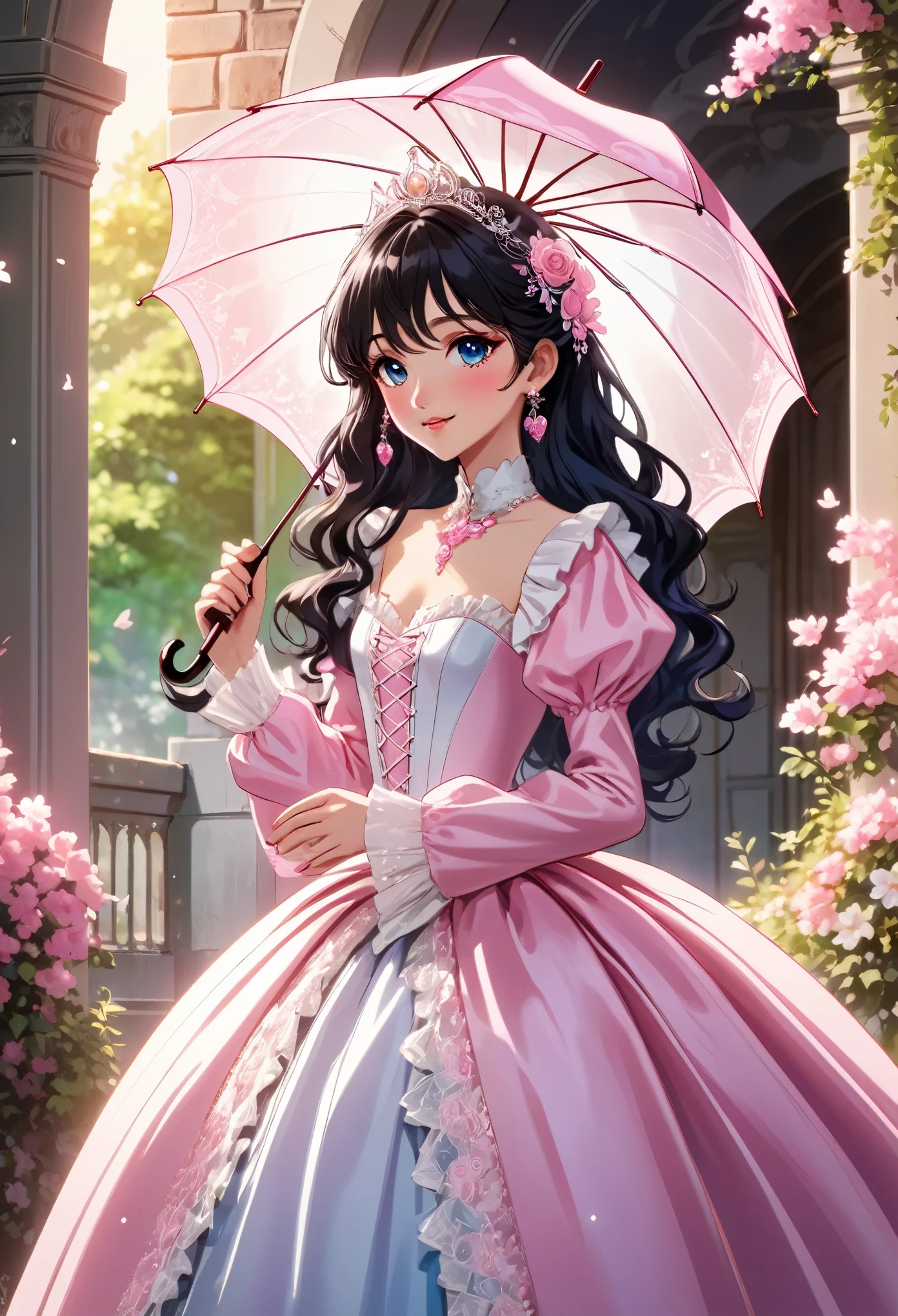 (best quality,4k,8k,highres,masterpiece:1.2),ultra-detailed, closed up portrait of a age boy who got magically transformed into a cute princess, gender bending, fantasy, royalty, fantastic transformation, Medium: Anime-style, portraits Additional details: Soft sunlight filters through the curtains, casting a warm glow on the room. pink eyes, long curly black hair, is happy, joyful expression, playful and feminine pose, effeminate and dainty body, very girly face, pink manicured nails, pink puffy victorian gown, dominant hues of pink and white, bodice with sleeves, bustle, physically-based rendering,gorgeous dress design,flowing gown,elaborate lace details,rich textures,contrast stitching,delicate ribbon bows,floral accents,full skirt,long sleeves,fitted waistline,flared cuffs,lace-up back,luxurious fabrics,flawless silhouette, petticoat, bloomers, white elbow gloves, corset, tiara, gold earrings and necklace, ribbons, high heels, lipstick, makeup, blue eyeshadow, standing in a castle garden with a elegant manners, holding a lacy umbrella, glowing magical aura, masterpiece, dominant hues of pink and white, bokeh, highly detailed, 4K