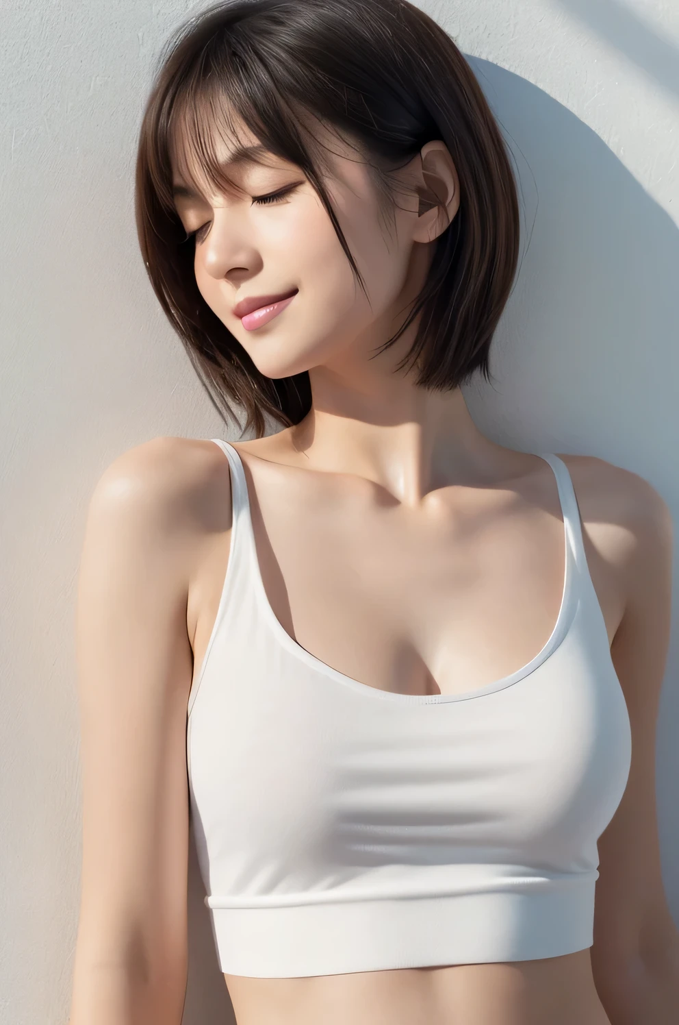 (Best Quality, 8K, 32k, Masterpiece, nffsw:1.2), Cute Japanese woman, Short hair, Upper body, Lustrous hair and skin, (Lighted hair and skin), Relaxed face, Closed eyes, (Eyes closed), Taken from above, Don't'don't viewer, (Realistic, (Realistic Photorealistic:1. 37), One girl, Shot in natural light, Physically based rendering, Excellent image quality, High resolution, 1080p, (Detailed facial rendering), (Detailed hand rendering), (Detailed CG), Rich detail, (Exquisite features), (Superb image quality), (Masterpiece), (Fine eyes), Delicate collarbones, Versatile poses profile, white wall, shot in front of white wall, relaxed smile, (relaxed), white tank top, short cut, ((white tank top))