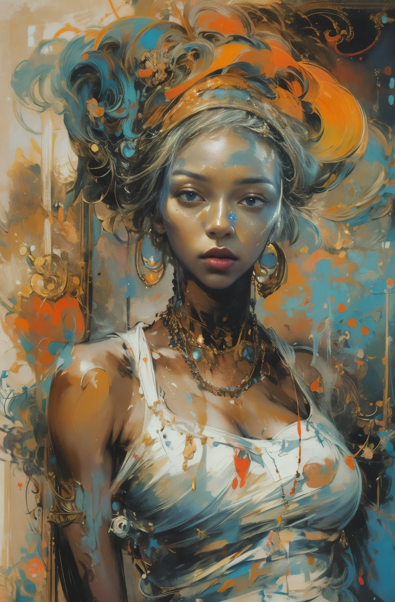 Beautiful Black Women Paintings, pretty much beautiful face, hip hop, soulful, Avant-garde, Queen of the Streets, check it out, Ultra-detailed paintings inspired by WLOP, art station trends, fantasy art, A complicated mess, The art of hitting, wallop art, WLOP |, wallop style, beautiful character drawings, Wlop painting style, WLOP | germ of art, Unparalleled Beauty Tumbler, figurative art, intense watercolor, watercolor detailed art, watercolor splash, surreal, avant-garde pop art, Beautiful and expressive paintings, Beautiful artwork illustration, very colorful tones, wonderful, cool beauty, masterpiece, highest quality, official art, women only, sharp outline, best shot, vector art, Written by Sandra Chevrier, dave mckean、By Richard Avedon、Written by Makiezi Kusiala, luminous design
