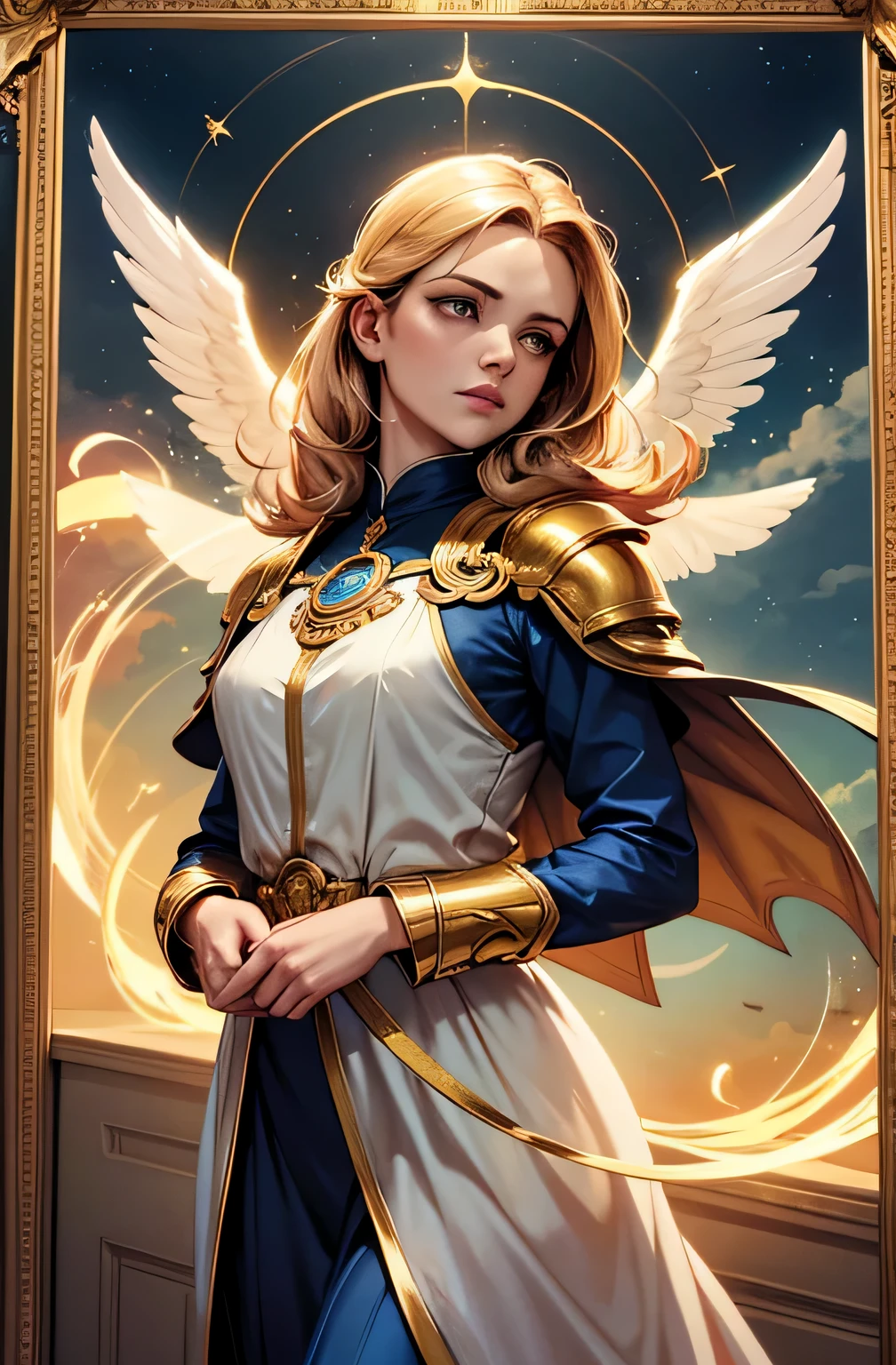 An angel wearing clothes in the petrol color, cloudy sky, nouveau, manto, capuz, luz solar, Golden armor and petrol color, magnifica, lindo, magica, celestial, cabelo longo, moldura de quadro.