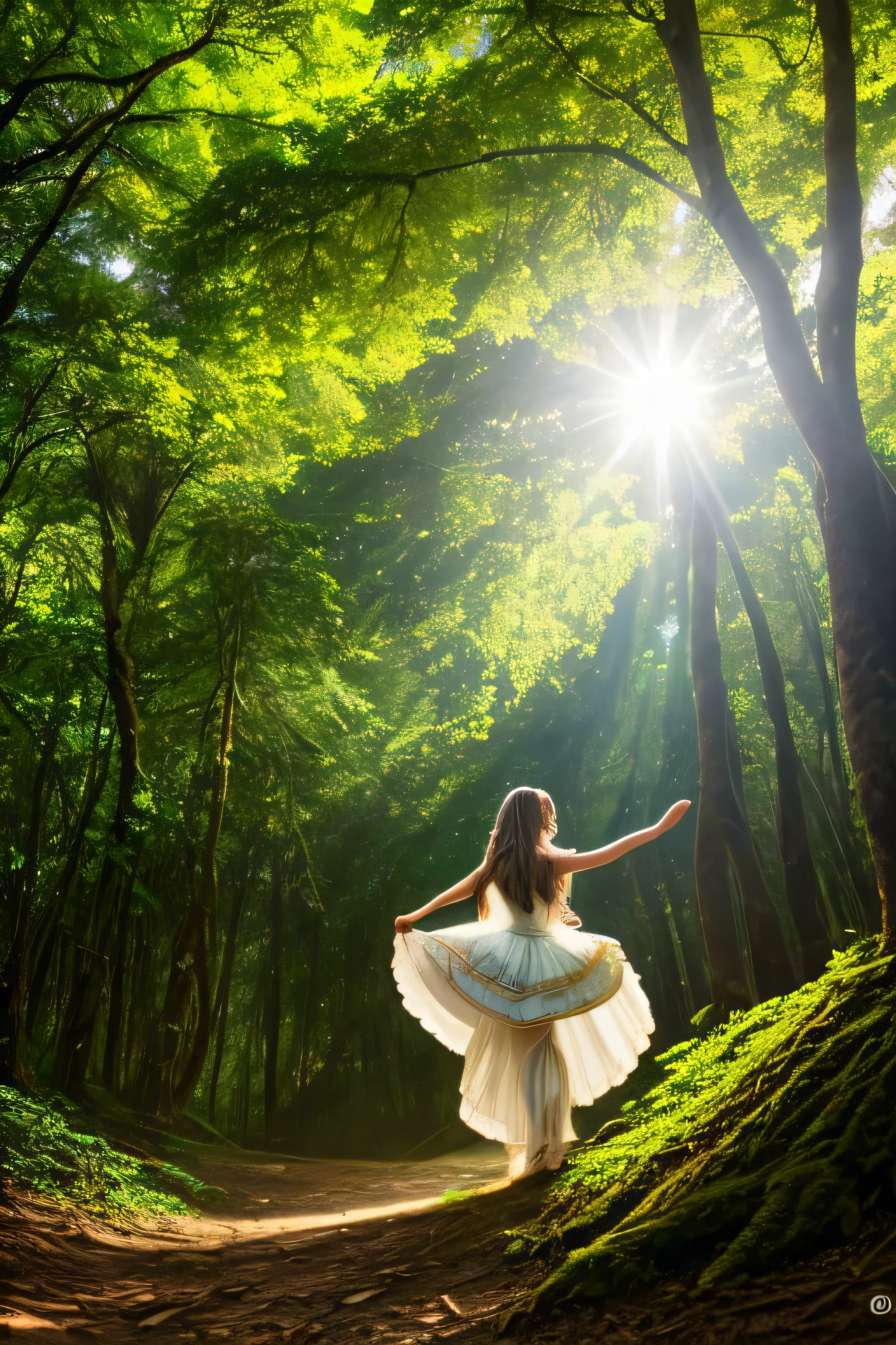 uma princesa sozinha, cabelo loiro e longo, in the forest dancing, bastante arvores, sol iluminando, birds, flores, um castelo no alto do lado acima da floresta.