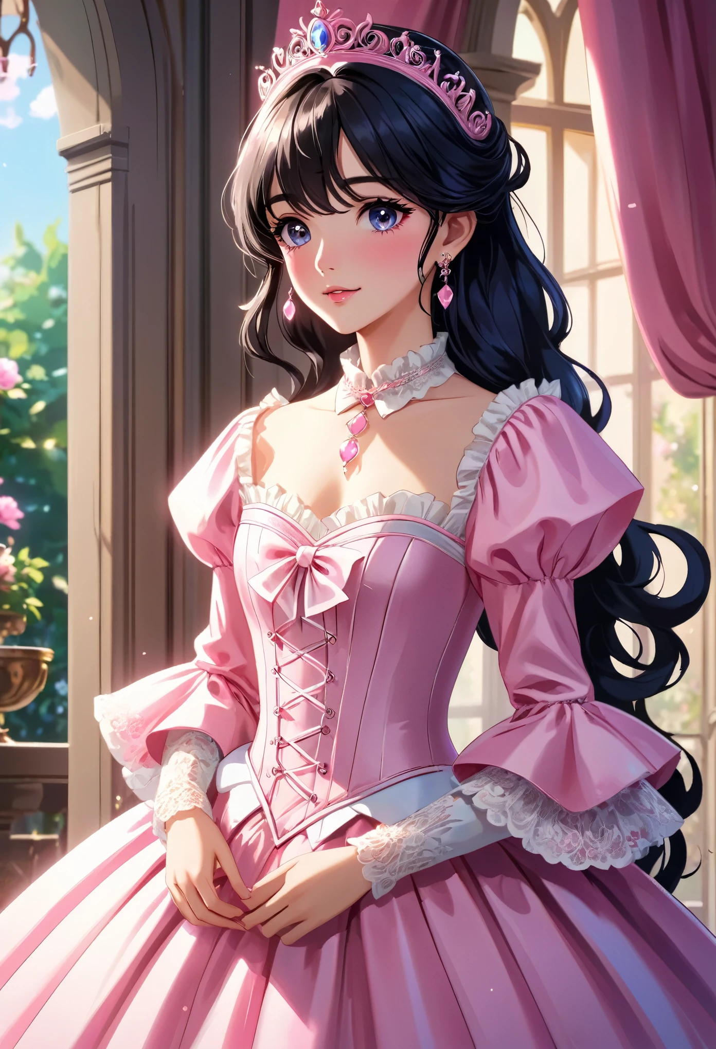(best quality,4k,8k,highres,masterpiece:1.2),ultra-detailed, closed up portrait of a Teenage boy who got magically transformed into a cute princess, gender bending, fantasy, royalty, fantastic transformation, Medium: Anime-style, portraits Additional details: Soft sunlight filters through the curtains, casting a warm glow on the room. pink eyes, long curly black hair, is happy, joyful expression, playful and feminine pose, effeminate and dainty body, very girly face, pink manicured nails, pink puffy victorian gown, dominant hues of pink and white, bodice with sleeves, bustle, physically-based rendering,gorgeous dress design,flowing gown,elaborate lace details,rich textures,contrast stitching,delicate ribbon bows,floral accents,full skirt,long sleeves,fitted waistline,flared cuffs,lace-up back,luxurious fabrics,flawless silhouette, petticoat, bloomers, white elbow gloves, corset, tiara, gold earrings and necklace, ribbons, high heels, lipstick, makeup, blue eyeshadow, standing in a castle garden with a elegant manners, holding a lacy umbrella, glowing magical aura, masterpiece, dominant hues of pink and white, bokeh, highly detailed, 4K