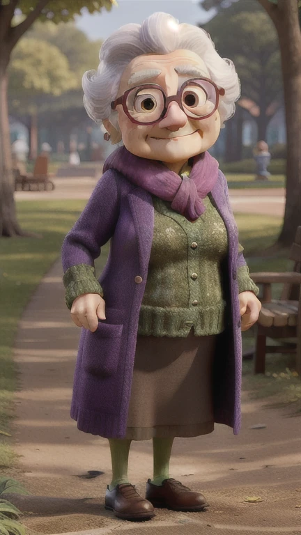 masterpiece, best quality, an old woman with glasses and a scarf on, wearing a purple coat and green scarf, standing at the park