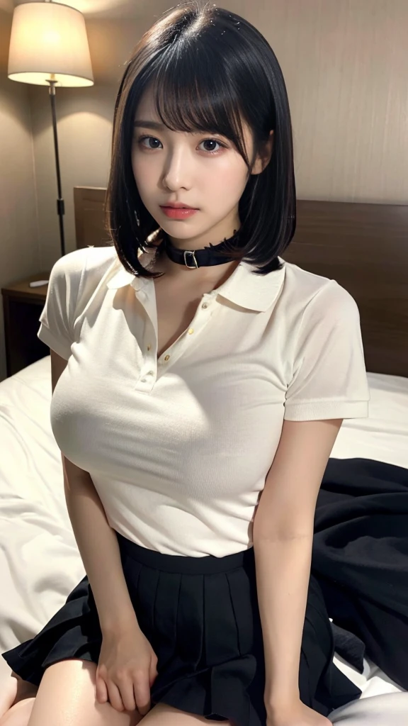 muste piece, best quality, illustration, Super detailed, fine details, High resolution, 8K,wall paper, perfect dynamic composition,(Details High quality, realistic depiction of eyes:1.3), (Polo shirt with collar), pleated skirt, big breasts, short bob hair、black hair color, Big Natural Color Lip, bold sexy pose, (perfect body shape), crying a little、cold gaze, Harajuku style、20 year old girl、cute type、lolita、beautiful legs, hotel room, hposing Gravure Idol, Voluptuous thighs