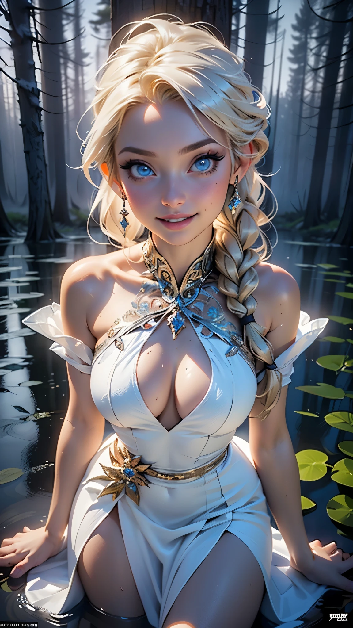 (((Elsa))),(Frozen), Elsa from Frozen,((elsa of arendelle)), ice queen, girl 

(large breasts:1.4),((blonde long hair, blond hair,single braid, long blonde hair,blonde hair, long hair,(white blond hair), very long hair, (braided pigtail))),(((blue_eyes:1.3))),intricate eyes,beautiful detailed eyes,symmetrical eyes,big eyes:1.5,bright blue eyes,blue crystal eyes, ((((lustrous skin:1.5,tanned skin,bright skin: 1.5,skin tanned,shiny skin,very shiny skin,shiny body,Reflective skin)))),(spider lower abdomen,narrow waist,wide hip,athletic body,inflated legs,thick thighs,(detailed face)),beautiful detailed lips,pink lips, pale skin, slim waist, fit,a bit of pink on cheeks, strong eyeshadow and eyeliner and eyelashes, blush, pretty lips, (smiling with open mouth), 

(cute,slutty,sensual,seductive look,seductive,((erotic)),opulent,sumptuous,longingly,((nsfw))),

(warm winter gown, blue dress, cleavage, light blue dress, slit skirt, crystal dress),((white off shoulder dress)), (glittery see-through dress), (dress made out of snow), (snow dress with light blue ornaments), 

(seductive pose:1.0),cute,gentle smile,(centered,scale to fit dimensions,Rule of thirds),

((snowy pine forest at night, dark forest, swamp, murky water, foggy, creepy aura, eerie atmosphere)),with dark stormy clouds,winter,scenery:1.25,intricate scenery,((snow forest background)),

(Glossy winter ornaments),highres,sharp focus,(ultra detailed,extremely detailed),(photorealistic artwork:1.37),(extremely detailed CG unity 8k wallpaper),(((vibrant colors,vibrant theme))),(intricate),(masterpiece),(best quality),artistic photography,(photography taken by sldr),(intricate background),perfect rendered face,perfect face details,realistic face,photo realistic,((intricate detail)),(((realism))),
