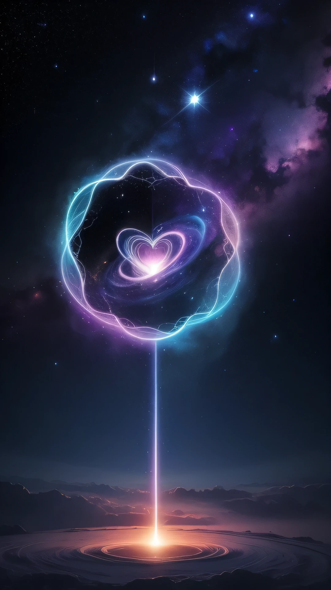 Create an image that represents the fusion of the human heart with the supernatural realm and the vastness of the universe. Imagine an ethereal and mysterious scene. in the center of the image, The human heart shines with soft light, sparkling. My heart seems to be floating in translucent mist, Evoke a sense of mystery and transcendence. from the bottom of my heart, emits a series of projections, Each represents a unique aspect. Some projections take the form of natural elements, Like branches, petals or dancing flames, Evoke a deep connection to the natural realm. Other projections extend into outer space, Turn into bright constellations, Distant galaxies or meteor rays. These cosmic projections symbolize the expansion of human emotions beyond the limits of Earth, Connect the vast universe. Color palette includes sky blue shades, Deep purple and gold, Create a magical and spiritual atmosphere. Soft light from the heart and projection creates a feeling of peace and awe. The resulting images capture the thoughts of the human mind that transcends the boundaries of the planet, Explore the realm of the supernatural and the universe. The fusion of human and divine creates a visual narrative,Evoking the exploration of our deepest emotional connections,And expand its essence into the vast universe