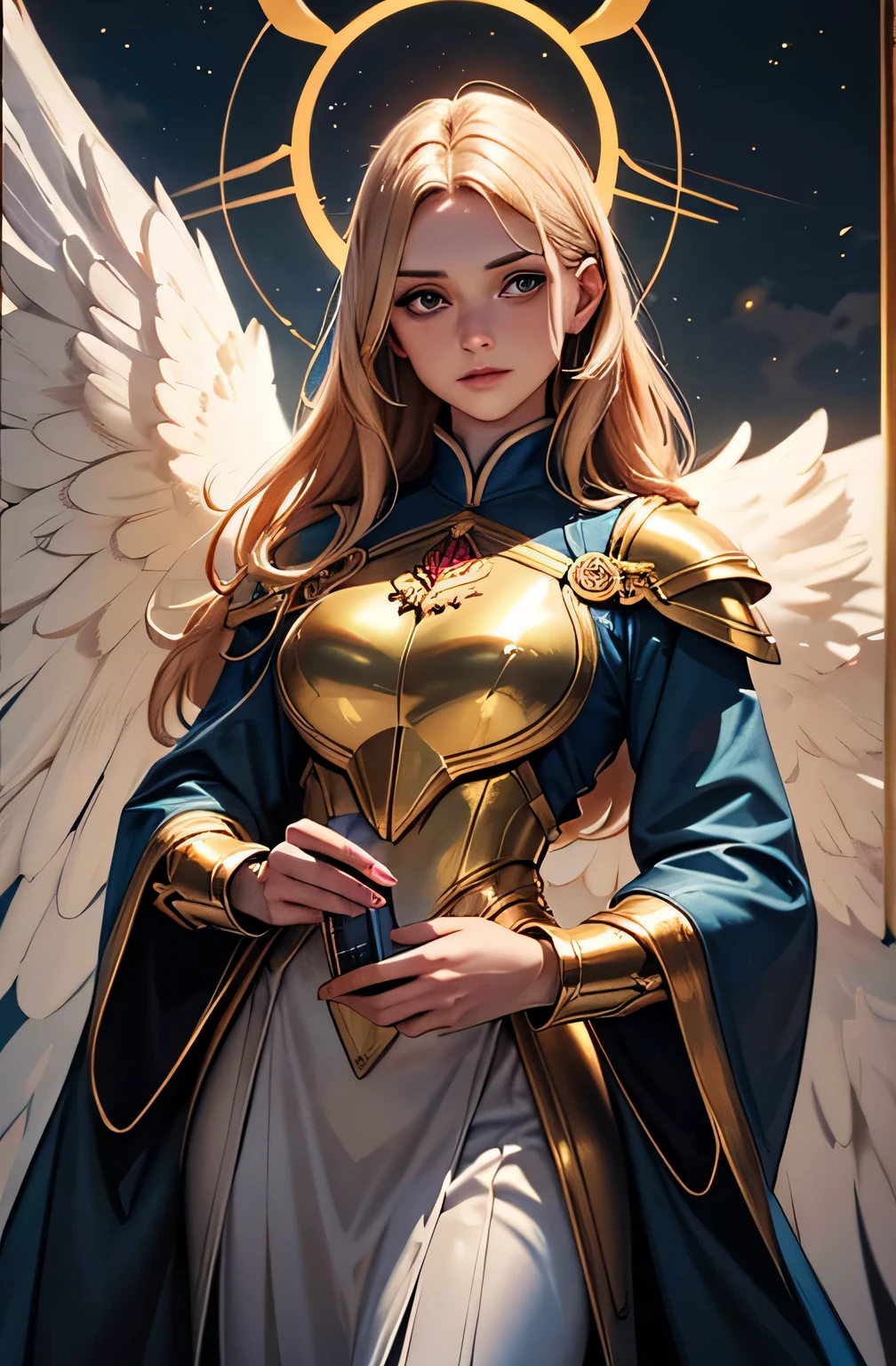 An angel wearing clothes in the petrol color, cloudy sky, nouveau, manto, capuz, luz solar, Golden armor and petrol color, magnifica, lindo, magica, celestial, cabelo longo, moldura de quadro.