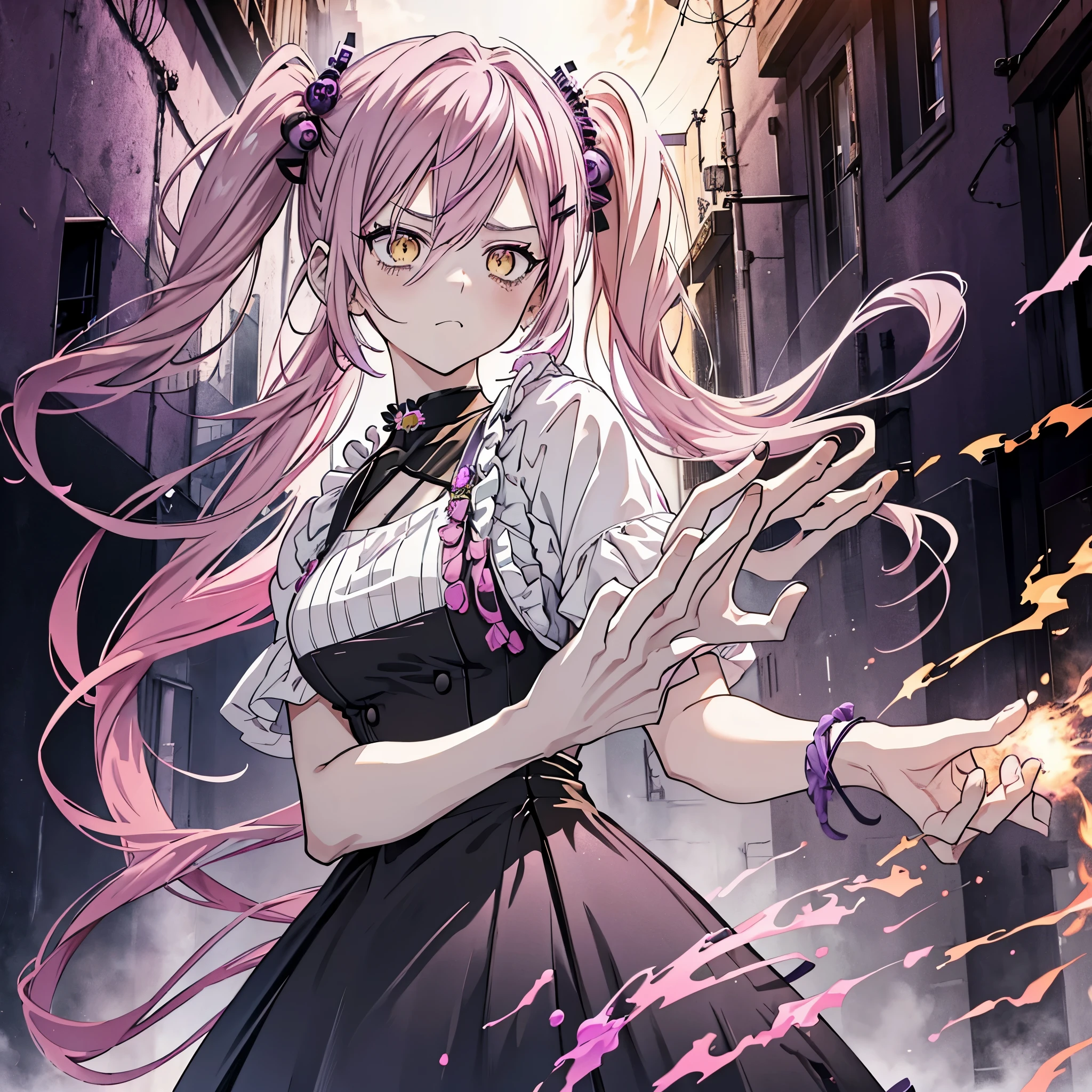 1 girl twintails hair, long hair, pink hair, yellow eyes anime, medium breasts, medium ass, Hairpins, Choker, Serious, sad face, wearing a black wizard dress with purple details, open hand, purple firepower in hand, shining power, ultra detailed, 8K wallpaper, At night, in an alley, buildings with a blurred background