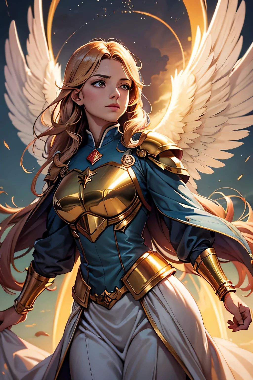 An angel wearing clothes in the petrol color, cloudy sky, nouveau, manto, capuz, luz solar, Golden armor and petrol color, magnifica, lindo, magica, celestial, cabelo longo, moldura de quadro.