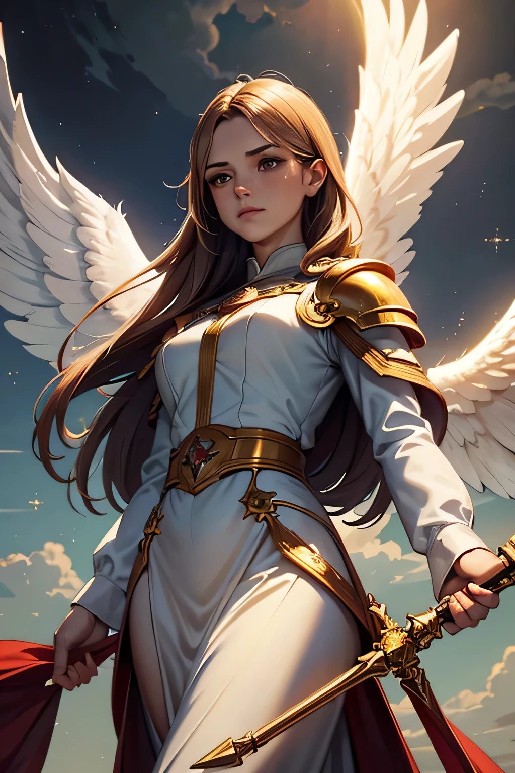 An angel wearing clothes in the petrol color, cloudy sky, nouveau, manto, capuz, luz solar, Golden armor and petrol color, magnifica, lindo, magica, celestial, cabelo longo, moldura de quadro.