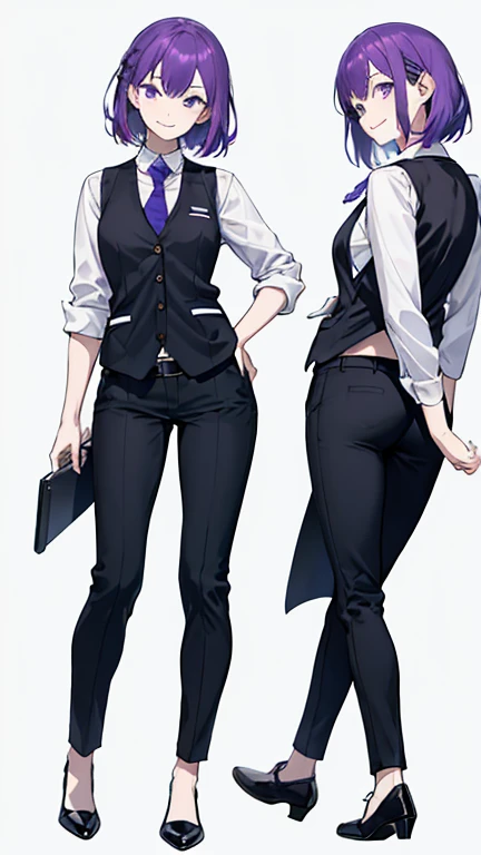 Woman with purple hair,bartender,vest,shirt,tie,pants,Heel,simple background,smile,whole body,full body,full body,Standing picture,vtuber,front,from front,Viewer's perspective,Focus your gaze on the front,