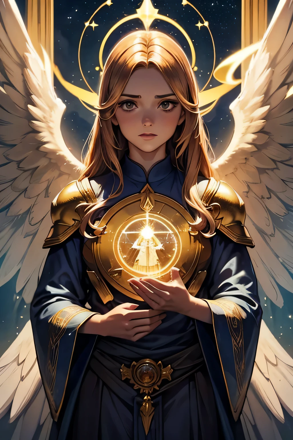 An angel wearing clothes in the petrol color, cloudy sky, nouveau, manto, capuz, luz solar, Golden armor and petrol color, magnifica, lindo, magica, celestial, cabelo longo, moldura de quadro.
