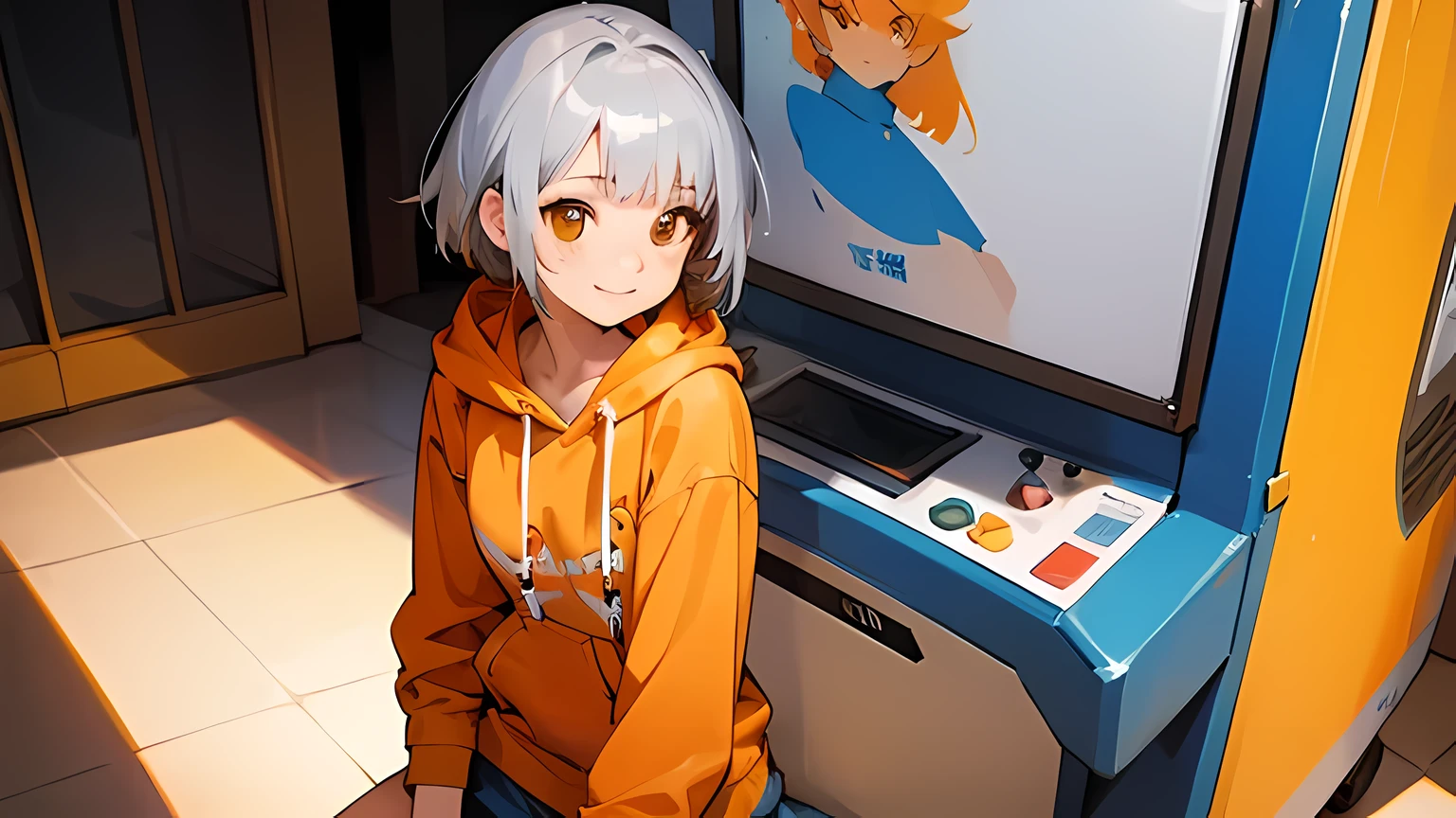 ((best quality)), ((masterpiece)), (detailed), perfect face, silver color very short bang hair, cute girl in arcade game center, orange color hoodie and denim skirt, lightly smiled face, lo-fi, realistic, vivid color