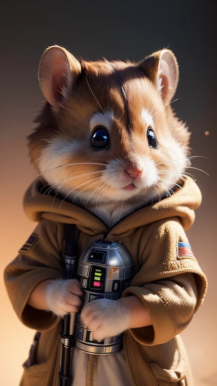 (best quality,ultra-detailed,realistic,photorealistic:1.37),furry hamster wearing a Star Wars Jedi uniform,adorable,soft,fuzzy,playful,expressive brown eyes,small and rounded body,tiny paws,detailed Jedi robe with brown fabric and hood,lightsaber,light side of the Force,galactic background,vivid colors,warm lighting,