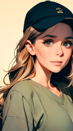 highest quality、realistic、Japanese、girl、zoom、look up、cute、gray eyes、long hair、chestnut hair、all back、Forehead is coming out、In town、Large khaki green baseball cap、Khaki green shirt、Shirt button all removed、Black cut and sew、joy、Grinning、face close up