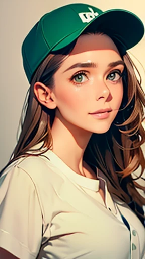 highest quality、realistic、Japanese、girl、zoom、look up、cute、gray eyes、long hair、chestnut hair、all back、Forehead is coming out、In town、Large khaki green baseball cap、Khaki green shirt、Shirt button all removed、Black cut and sew、joy、Grinning、face close up