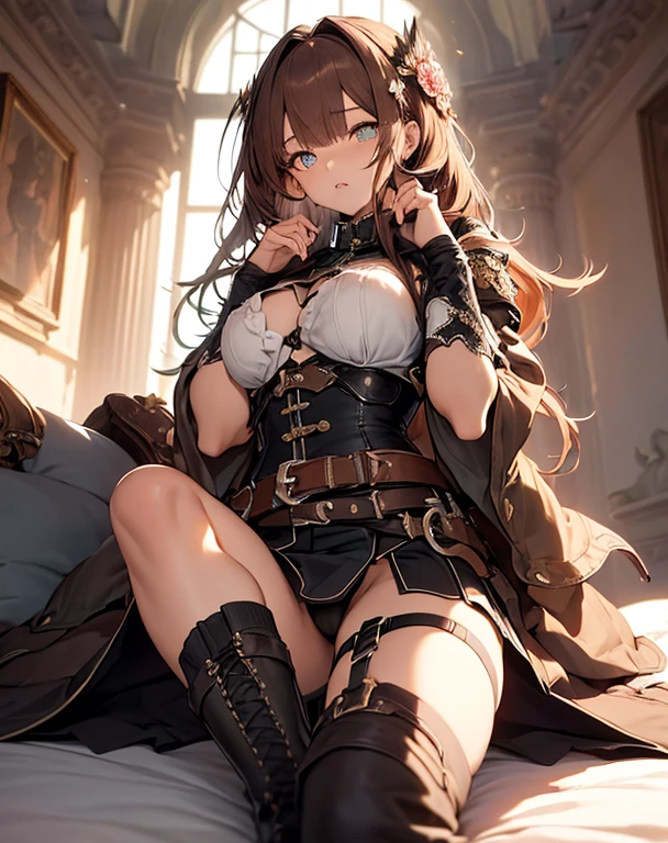(Make the subject look three-dimensional with the contrast of light and shadow),Cute and beautiful 22yo girl,(masterpiece:1.2), best quality, high resolution, unity 8k wallpaper, (illustration:0.8), (beautiful detailed eyes:1.6), extremely detailed face, perfect lighting, extremely detailed CG, (perfect hands, perfect anatomy),Brown hair,watching at viewers,black suspenders,(Bulging ,big breasts:1.1),Black miniskirt,garters,Gaze,Small face,bangss,holster,Belt Armament,Beautuful Women srestrained,hands up,Lying in bed,Leg holster ,lying on the bed,Gaze,black boots,panty shot