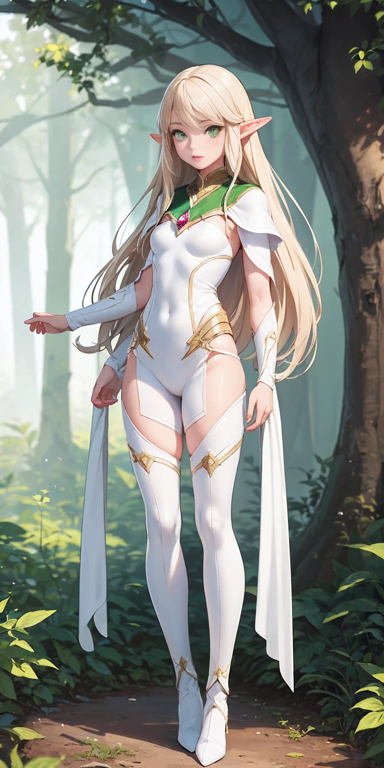 (masterpiece, best quality), (full body:1.6), standing (small fighting elven 1girl:1.6),(magical),(cute,adorable:1.3),blonde hair, green eyes, medium breast, beautiful, detailed, enchanted breastplate with precious gemstones, white thigh-high greaves, seductive pose, in a forest, magic flora, detailed face and eyes, volumetric light,(ultra quality skin:1.7),