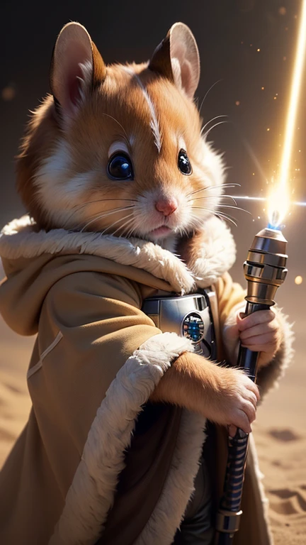 (best quality,ultra-detailed,realistic,photorealistic:1.37),furry hamster wearing a Star Wars Jedi uniform,adorable,soft,fuzzy,playful,expressive brown eyes,small and rounded body,tiny paws,detailed Jedi robe with brown fabric and hood,lightsaber,light side of the Force,galactic background,vivid colors,warm lighting,