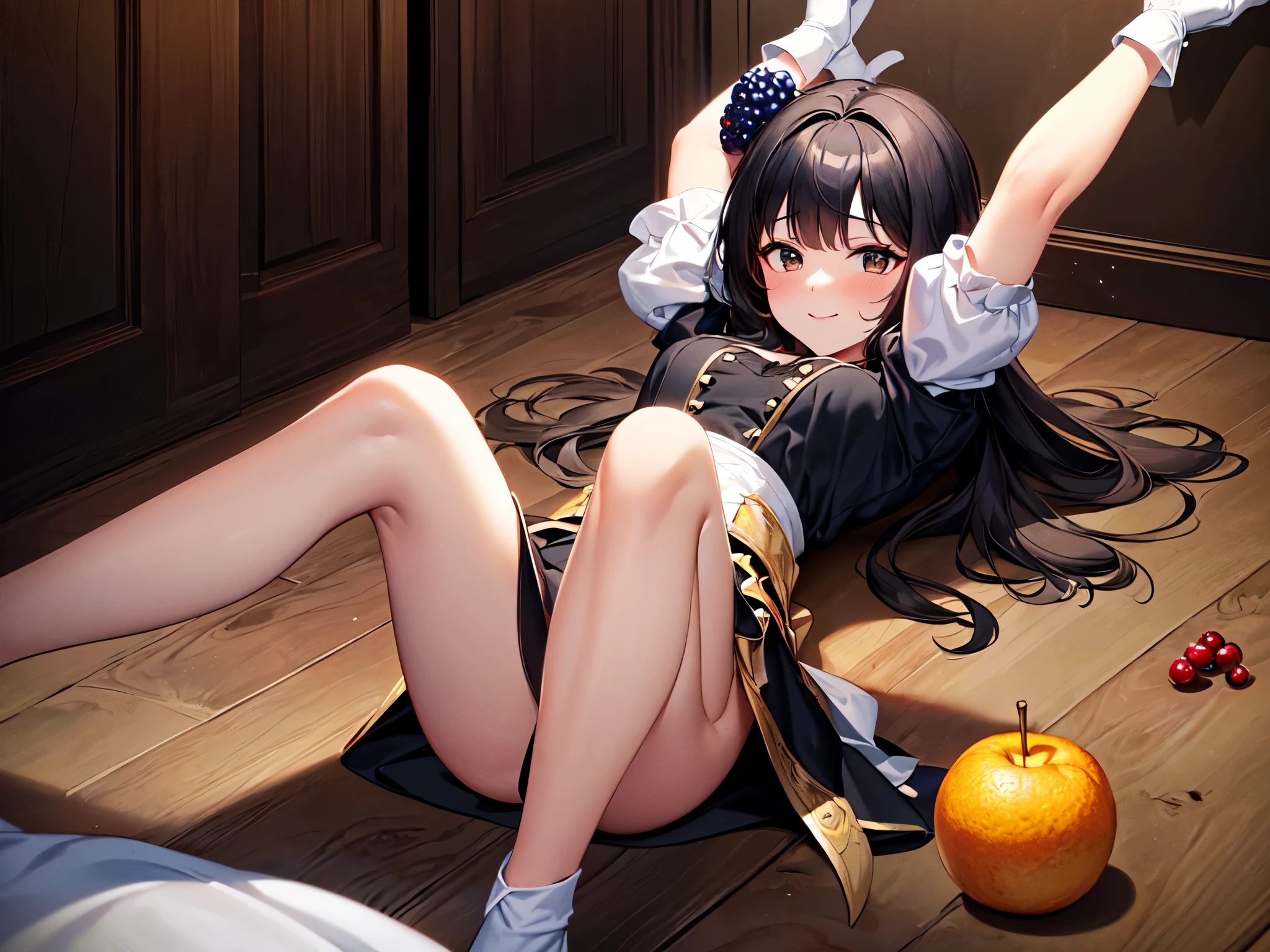 (Circular stage: 1.2, white stage: 1.2, Western-style room, indoor), (super beautiful CG, high image quality, highest quality), (smile: 1.2, blush, medium chest), (masterpiece: 1.8), ((super Quality)), ((Super-detailed illustration)), ((Stunning CG)), 1 girl, solo, black hair, (white streaked hair ), (brown skin: 1.2), (black eyes), (shining eyes :1.3), tuxedo, (black tuxedo), (silver embroidery), pocket square, (red chief), gloves, (white gloves), fruit, (fruit around: 1.4), blueberry, cranberry, (lying down) Looking at the viewer: 1.3), (On the back: 1.3), (Up to the knees: 1.3), (Stretching hands to the sky: 1.4), Beautiful, Female focus, looking at the viewer