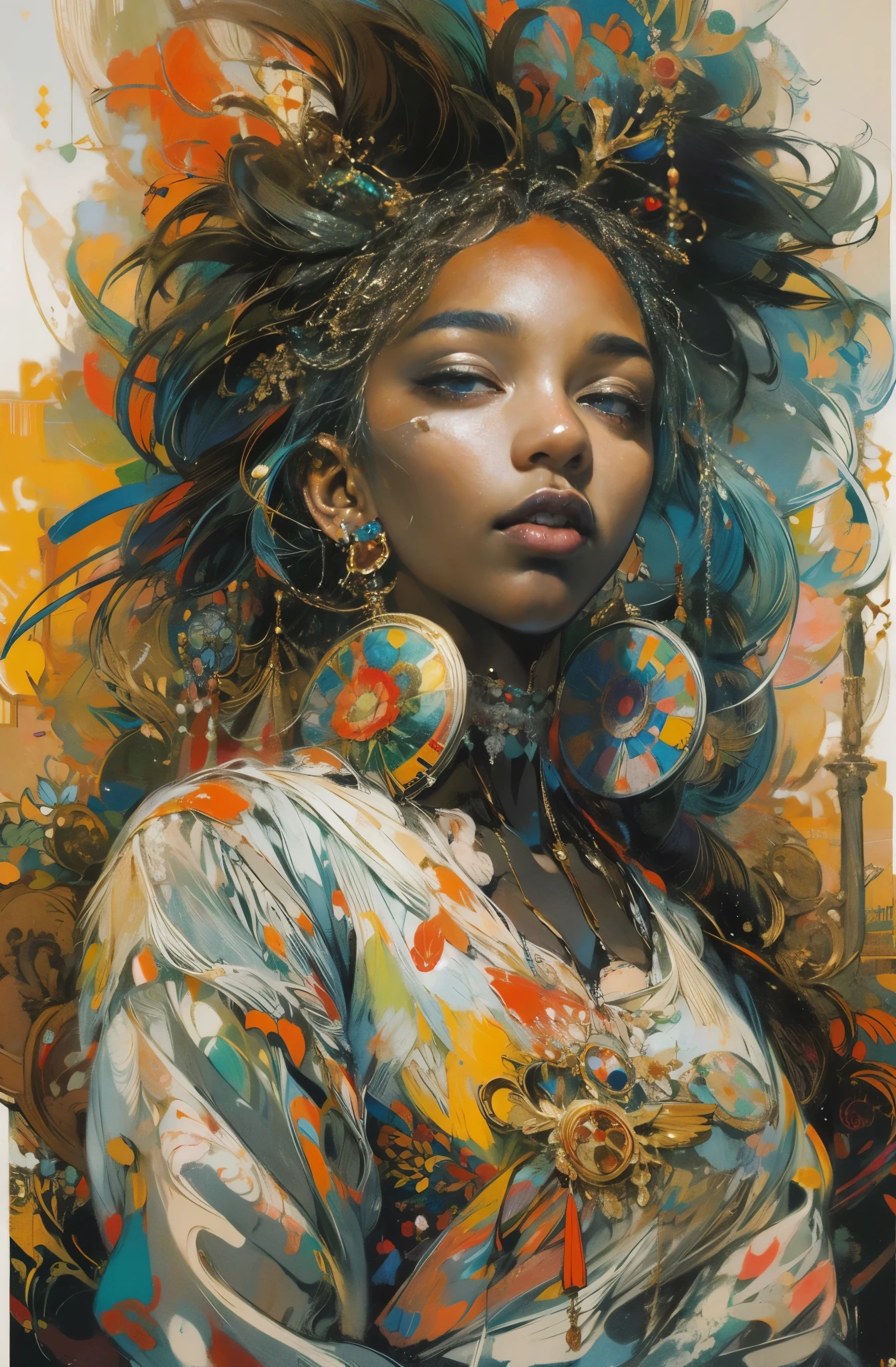 Beautiful Black Women Paintings, pretty much beautiful face, hip hop, soulful, Avant-garde, Queen of the Streets, check it out, Ultra-detailed paintings inspired by WLOP, art station trends, fantasy art, A complicated mess, The art of hitting, wallop art, WLOP |, wallop style, beautiful character drawings, Wlop painting style, WLOP | germ of art, Unparalleled Beauty Tumbler, figurative art, intense watercolor, watercolor detailed art, watercolor splash, surreal, avant-garde pop art, Beautiful and expressive paintings, Beautiful artwork illustration, very colorful tones, wonderful, cool beauty, masterpiece, highest quality, official art, women only, sharp outline, best shot, vector art, Written by Sandra Chevrier, dave mckean、By Richard Avedon、Written by Makiezi Kusiala, luminous design