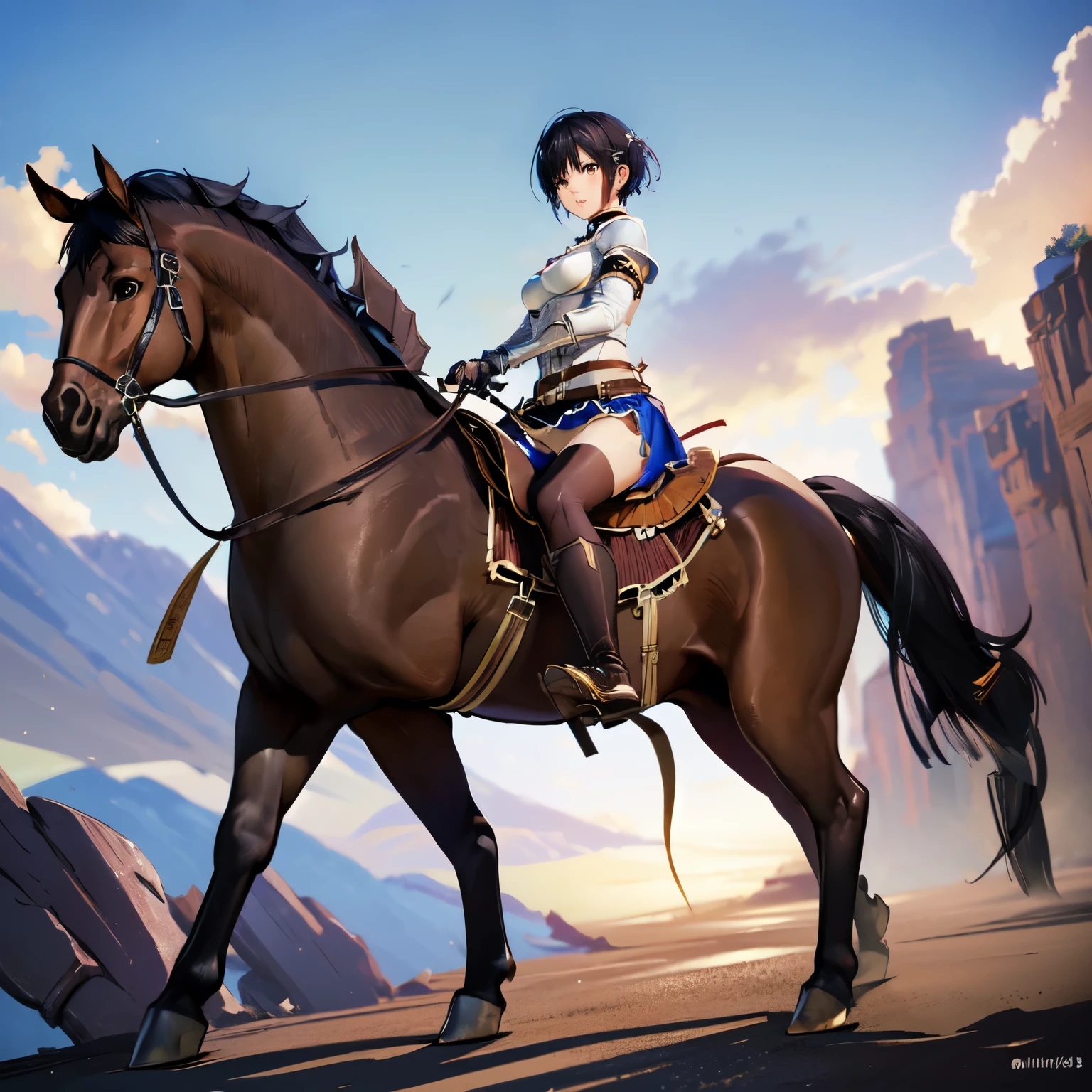 4k, 8k, hdr, wallpaper, realistic, cinematic lighting, ((best quality)), ((masterpiece)), (detailed), perfect face, anime style, pixie cut, short hair {black hair}, both hands holding tightly, reins, (female knight, brown eyes, white armor, black miniskirt, golden gauntlet, black boots, (brown horse, horseback riding, saddle, stirups, reins: 1.25), ((running)), fantasy settings, canyon, open field, gust of wind, anatomically correct