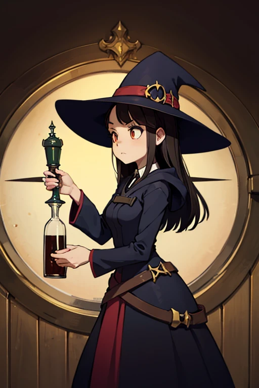 A   black haired female witch with orange eyes in a conservative Victorian dress is brewing a potion