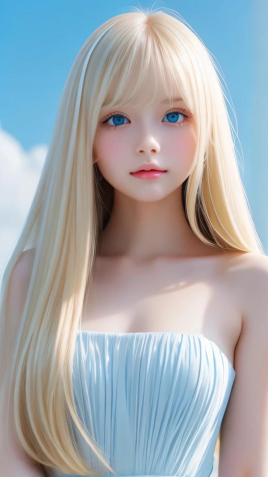 perfect beautiful face、20 year old beautiful cute girl、Sexy and very beautiful cute face、beautiful cute sexy sky blue eyes、very super long beautiful shiny silky straight pearl blonde hair、Super long beautiful bangs、white skin、Shiny skin、gross face、cheek gloss、hair above eyes、片hair above eyes、hair between eyes、