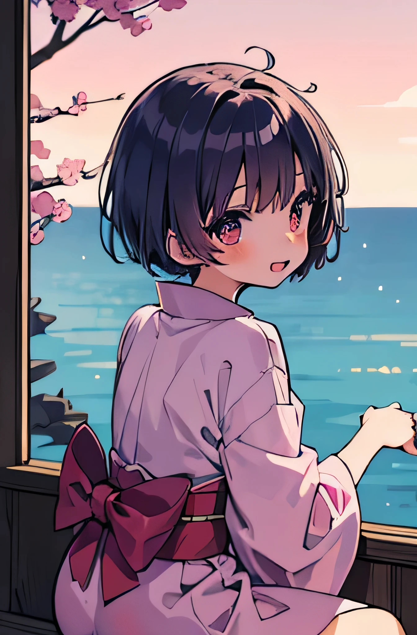 girl,short cut,kawaii,yukata,japan,sea,sakura,best smile,sitting on a window,looking out to sea,girl,short cut,kawaii,yukata,japan,sea,arm behind back