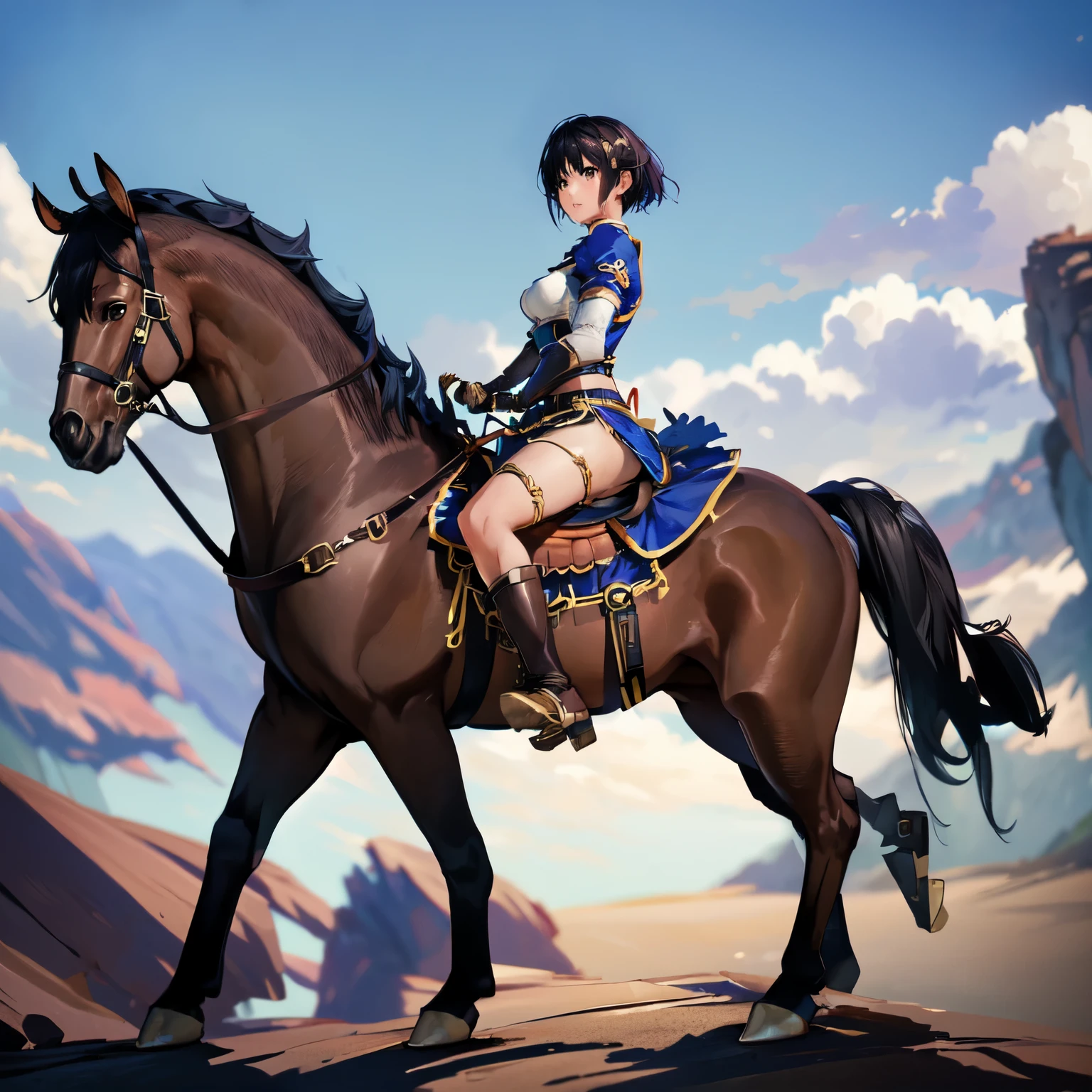 4k, 8k, hdr, wallpaper, realistic, cinematic lighting, ((best quality)), ((masterpiece)), (detailed), perfect face, anime style, pixie cut, short hair {black hair}, both hands holding tightly, reins, (female knight, brown eyes, white armor, black miniskirt, golden gauntlet, black boots, (brown horse, horseback riding, saddle, stirups, reins: 1.25), ((running)), fantasy settings, canyon, open field, gust of wind, anatomically correct