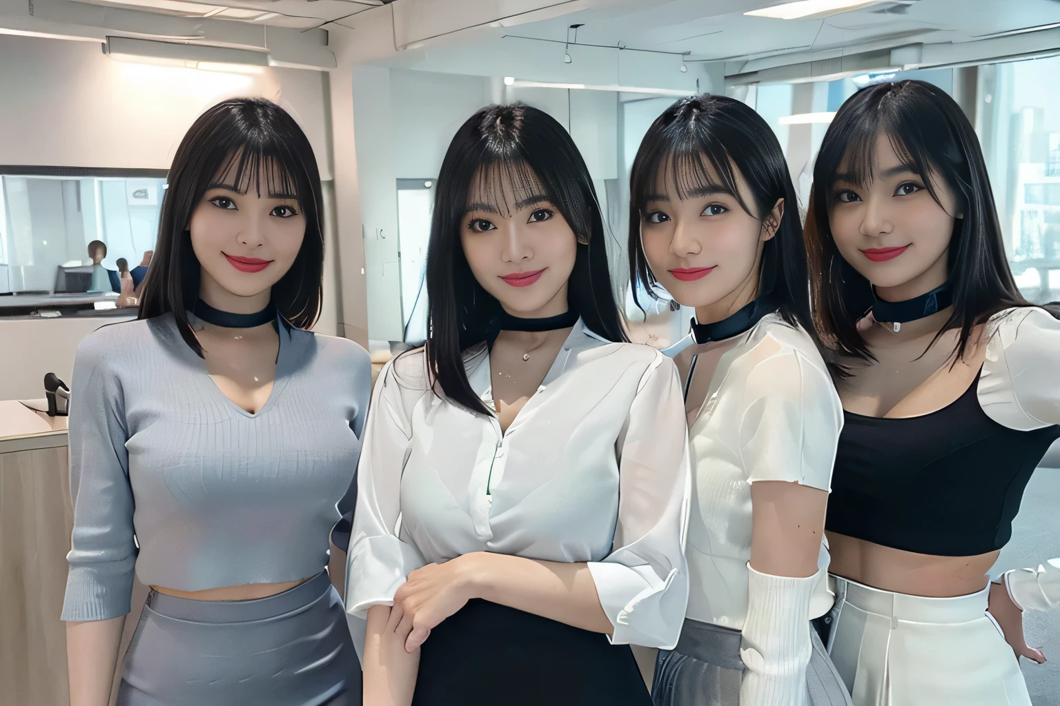 ((highest quality, 8K, Representative works in detail, ultra high resolution)), (middle shot:), Five attractive business women, 5 people, big breasts, white collared shirt, gray skirt, Working in an office, On duty, smile, CEO's Office, ((black choker)), slim body shape, big breasts, blue color contacts, long eyelashes, bangs,