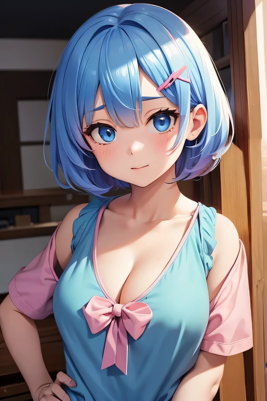 small anime girl, Priority BASE IMAGE ID co9chnte878c73bs3cg0, Rem hair style and color, DETAILED IMAGE, focus face, big breasts, cleavage, casual PINK clothing BASE IMAGE ID co9chnte878c73bs3cg0