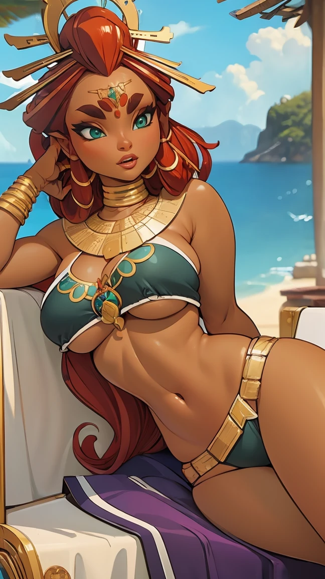 ((masterpiece)), ((best quality)), (detailed), perfect, solo, riju, gorgeous woman with armor bikini, luscious lips, red hair, huge breast, deep cleavage, huge breasts, sexy, lying down