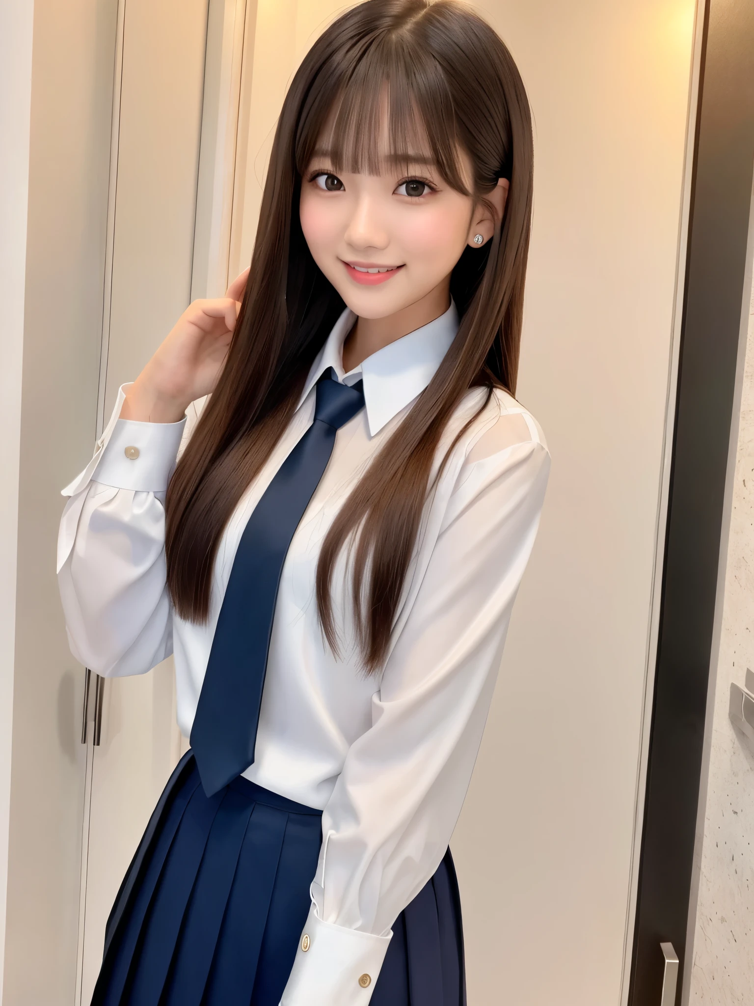 product quality, 1girl, upper body shot, front view, a Japanese young pretty girl, long bob hair, waving her hand slightly with a big smile in front of her luxury apartment entrance in the night, glamorous figure, wearing a white collared shiny satin shirt of long sleeves, shiny satin dark blue plain long tie, dark blue pleated long skirt, school bag over her shoulder, hyper cute face, glossy lips, double eyelids in both eyes, natural makeup, long eyelashes, shiny smooth light brown long bob hair, asymmetrical bangs, a tanned skin, central image, high resolution, high detail, detailed hairstyle, detailed face, spectacular cinematic lighting, octane rendering, vibrant, hyper realistic, perfect limbs, perfect anatomy