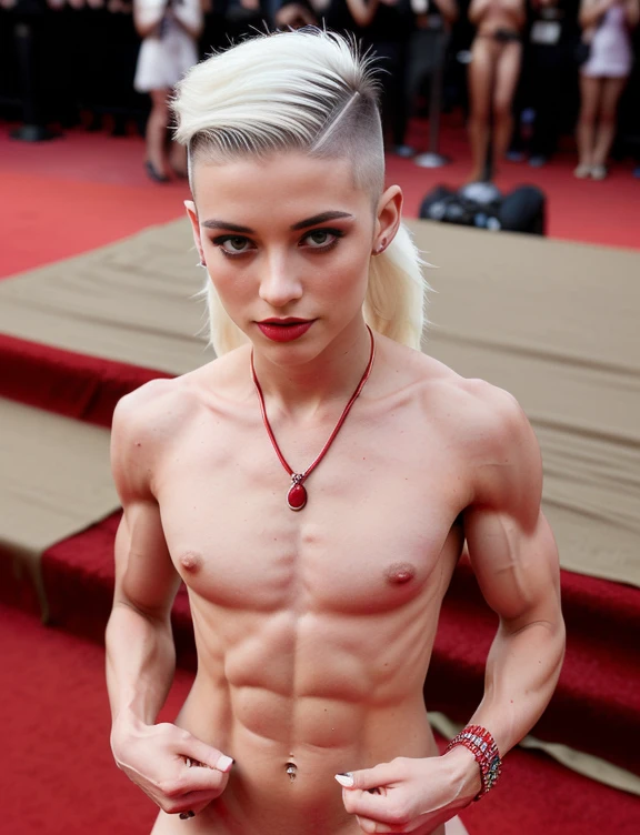 ((Transgender Muscular naked girl with (masculine body parts and flat manly chest) with vagina and woman face:1.6)), Kristen Stewart, (masculine body part with vagina:1.5), full body nude, (((only feminine head:1.6))),
ultra detailed, photorealistic, masterpiece,
Proud, (black make-up and lipstick:1.3), (long lashes),
(perfect fingers:1.2),(UHD 8k:1.5), solo female, realistic image, high detail, photo quality, beautiful girl, best quality, ultra-detailed, masterpiece, finely detail, realistic skin texture, 85 mm art lens, f 1.2, sharp focus, 8 k high definition, insanely detailed, intricate,
((left part of long hair (shaved fade))), ((white dyed hair)),
(Seductively stands:1.5),
(red carpet full of paparazzi:1.5), (nsfw fully nudity)