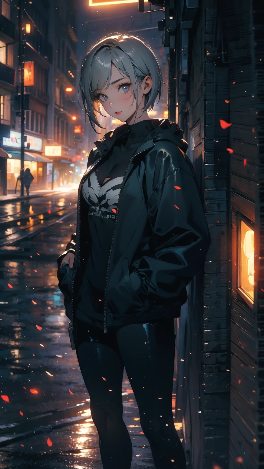 (Highly detailed CG unit 8k wallpaper, masterpiece, High resolution, highest quality, natural skin texture), Composition from head to stomach:1.5, (20 year old woman, Hands in pockets pose:1.5, smile, detailed eyes, gradient eyes), (Stalgic Fashion, Yellow-lined hooded jacket, black leather hot pants, Asymmetrical punk short hair:1.2, ash gray hair, Slightly exposed cleavage), (Backstreets of Paris:1.3, Colourful flower beds along the road, cinematic lighting), high contrast, hyper realistic, digital painting, concept art,