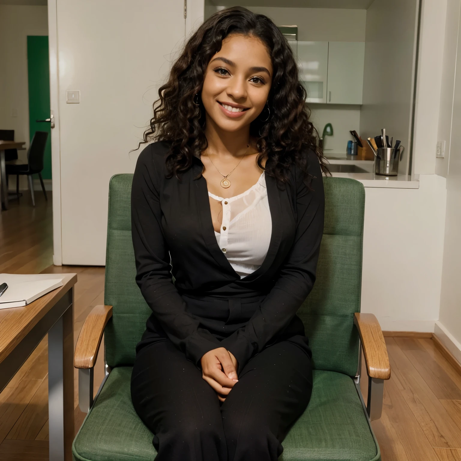 Uma mulher negra, com um sorriso ladino,  curly hair and green eyes sitting in a chair with a clipboard in her hand looking at you.