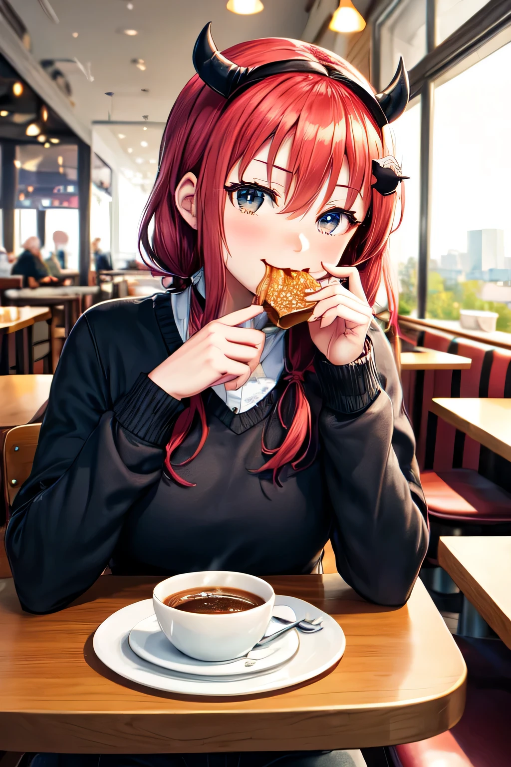 Satanichia mcdowell eating in a food restaurant drinking coffee 