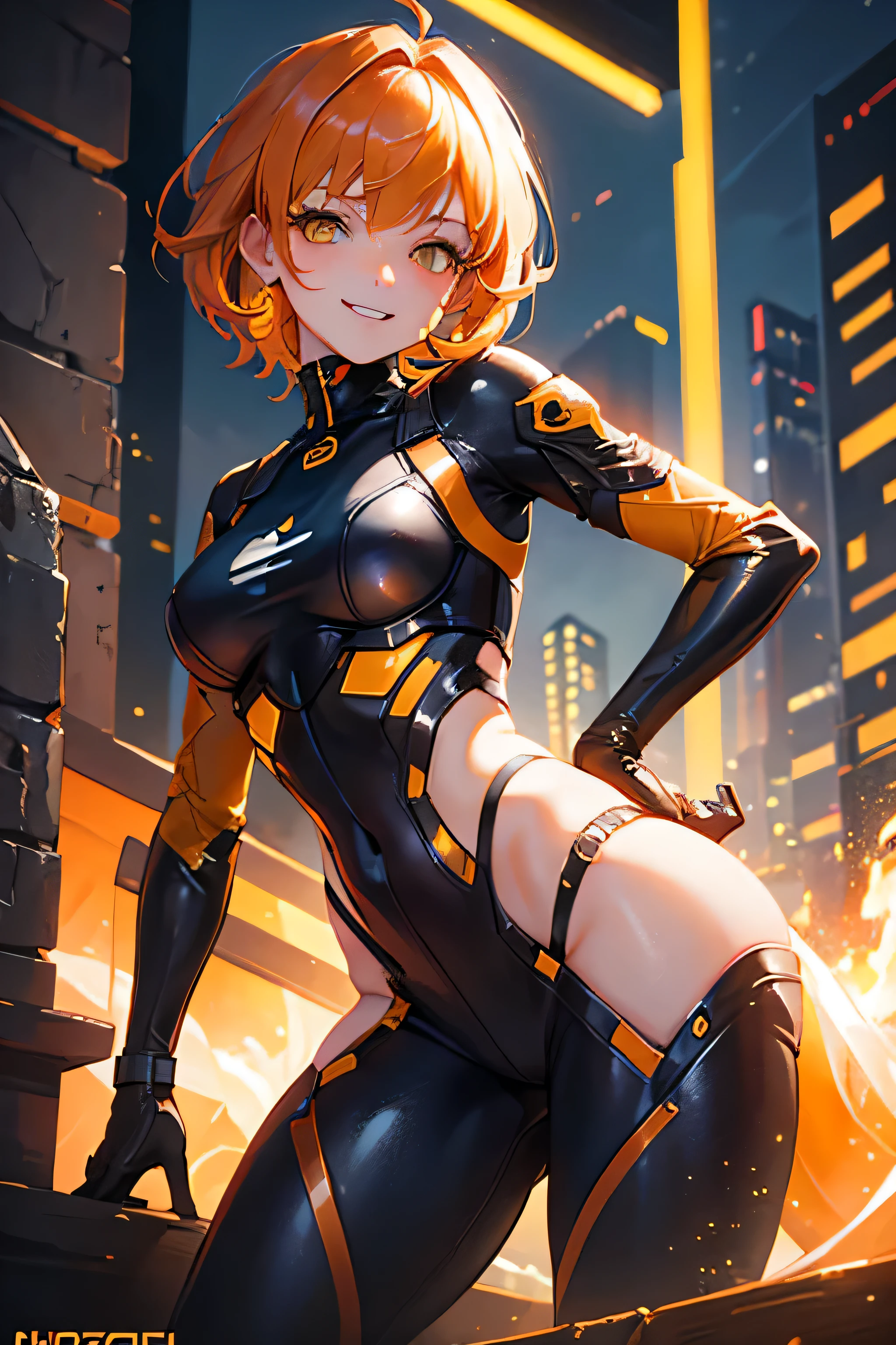 girl in cyberpunk costume、1 person、orange brown hair、yellow eyes、short hair、luster、glosischievous smile、lively look、beautiful、Honey Core、Hozuki scattered background、bold pose、action