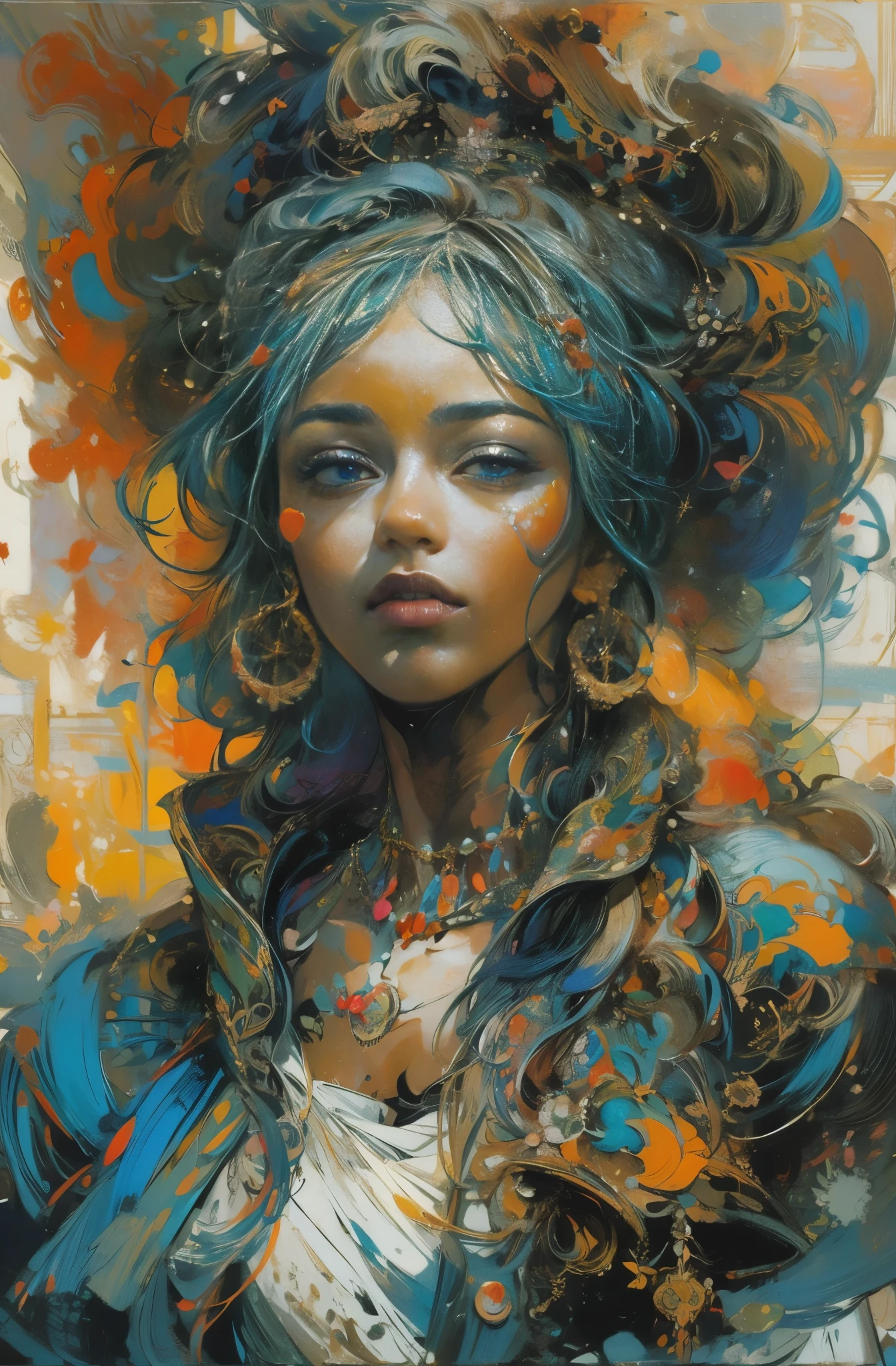 Beautiful Black Women Paintings, pretty much beautiful face, hip hop, soulful, Avant-garde, Queen of the Streets, check it out, Ultra-detailed paintings inspired by WLOP, art station trends, fantasy art, A complicated mess, The art of hitting, wallop art, WLOP |, wallop style, beautiful character drawings, Wlop painting style, WLOP | germ of art, Unparalleled Beauty Tumbler, figurative art, intense watercolor, watercolor detailed art, watercolor splash, surreal, avant-garde pop art, Beautiful and expressive paintings, Beautiful artwork illustration, very colorful tones, wonderful, cool beauty, masterpiece, highest quality, official art, women only, sharp outline, best shot, vector art, Written by Sandra Chevrier, dave mckean、By Richard Avedon、Written by Makiezi Kusiala, luminous design