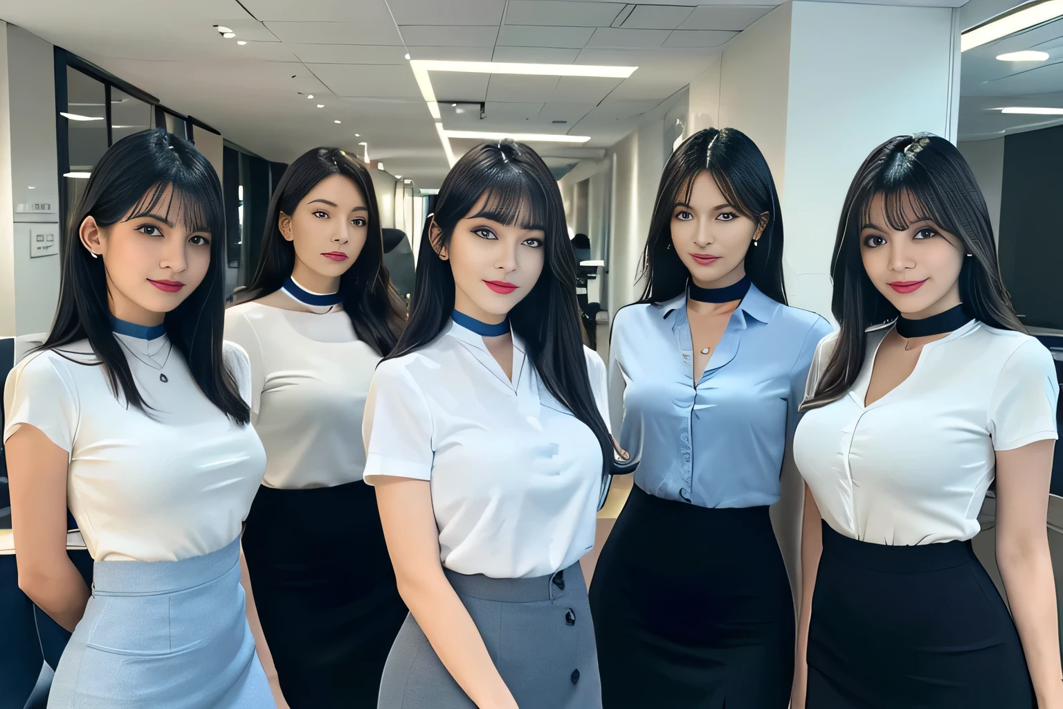 ((highest quality, 8K, Representative works in detail, ultra high resolution)), (middle shot:), Five attractive business women, 5 people, big breasts, white collared shirt, gray skirt, Working in an office, On duty, smile, CEO's Office, ((black choker)), ((slim body shape, big breasts)), ((blue color contacts, long eyelashes, bangs)), 