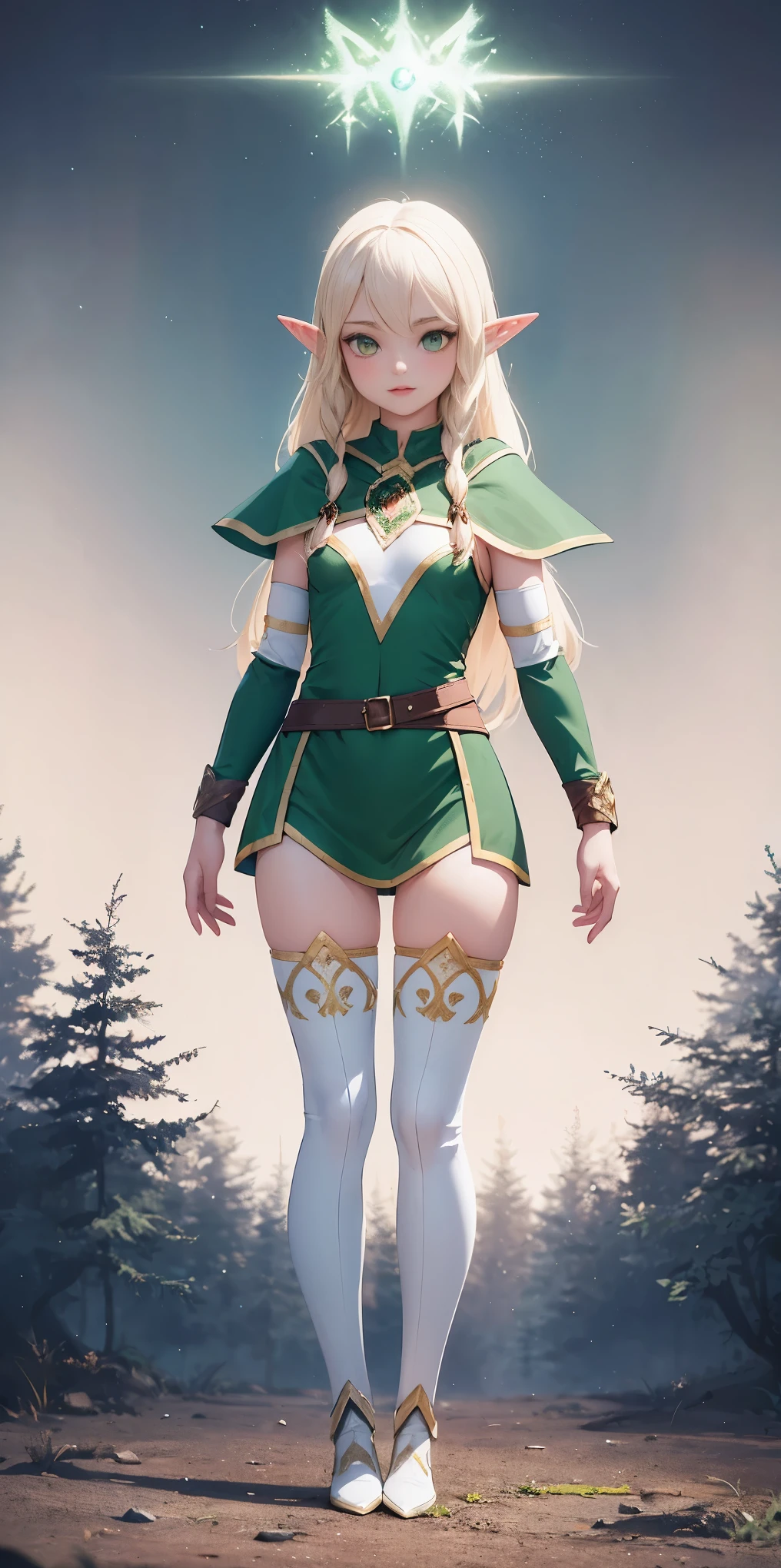 (masterpiece, best quality), (full body:1.6), standing (small fighting elven 1girl:1.6),(magical),(cute,adorable:1.3),blonde hair, green eyes, medium breast, beautiful, detailed, enchanted breastplate with precious gemstones, white thigh-high greaves, seductive pose, in a forest, magic flora, detailed face and eyes, volumetric light,(ultra quality skin:1.7),