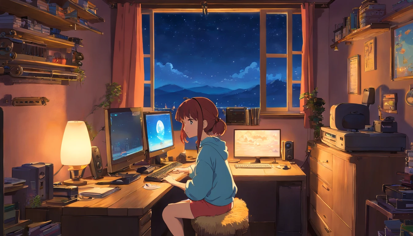 Anime girl sitting in front of a computer in a cozy bedroom, Girl listening to music in a cozy room (night), Using headphones, on the roof, (beautiful night views from windows), lots of things, 2D anime style, The aesthetics of anime in the 90s, lo-fi, very detailed, hard disk, A mix of anime style and Fujifilm, surreal, 8K, masterpiece