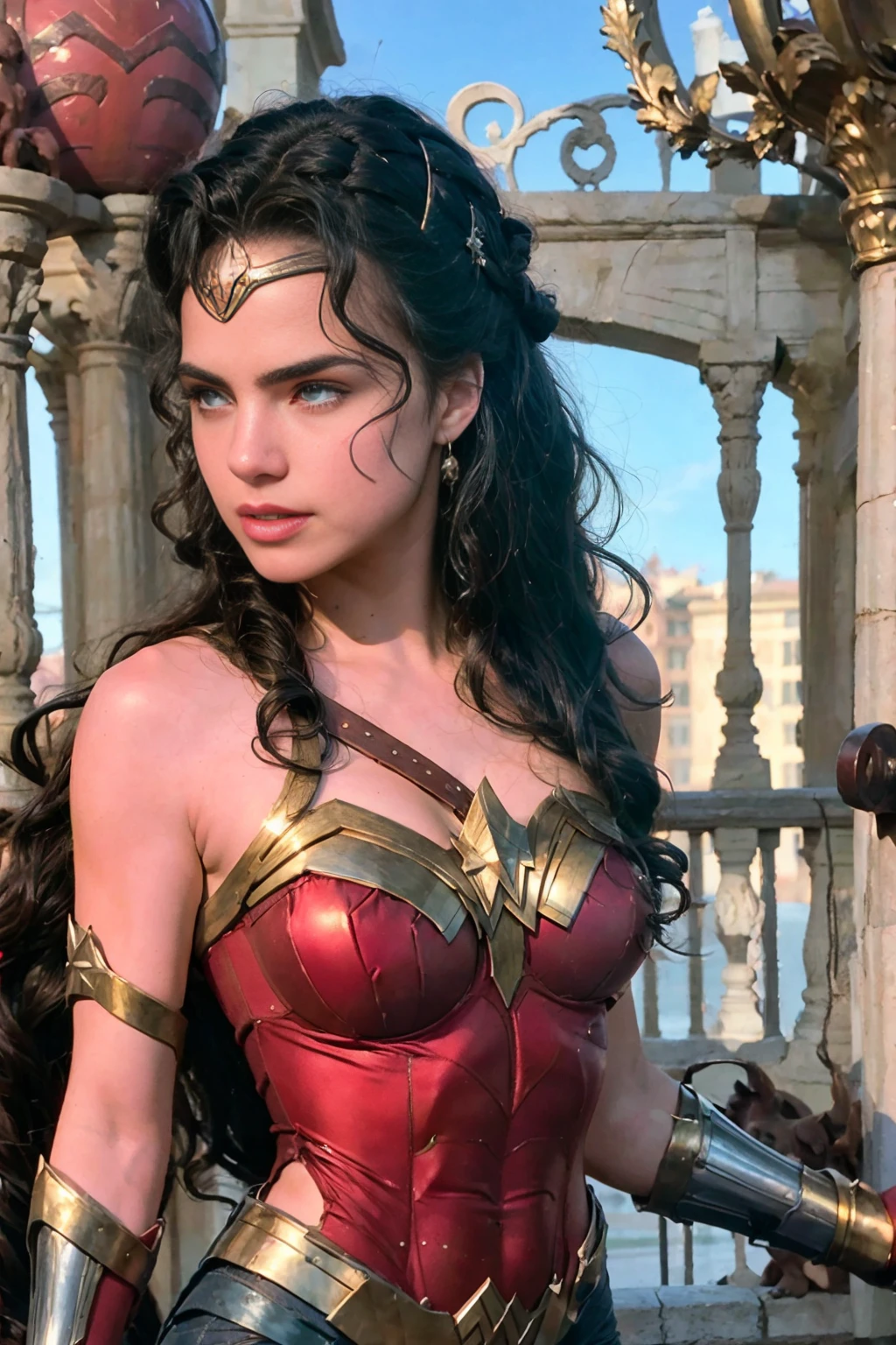 (best quality,realistic:1.2),Ana Paula Arosio in Wonder Woman costume,stunning,hyper-realistic,detailed eyes,luscious lips,dark flowing hair,muscular physique,fierce expression,glowing golden tiara,bright red and gold armor,shield and sword,powerful stance,heroic background,studio lighting,vibrant colors,sharp focus