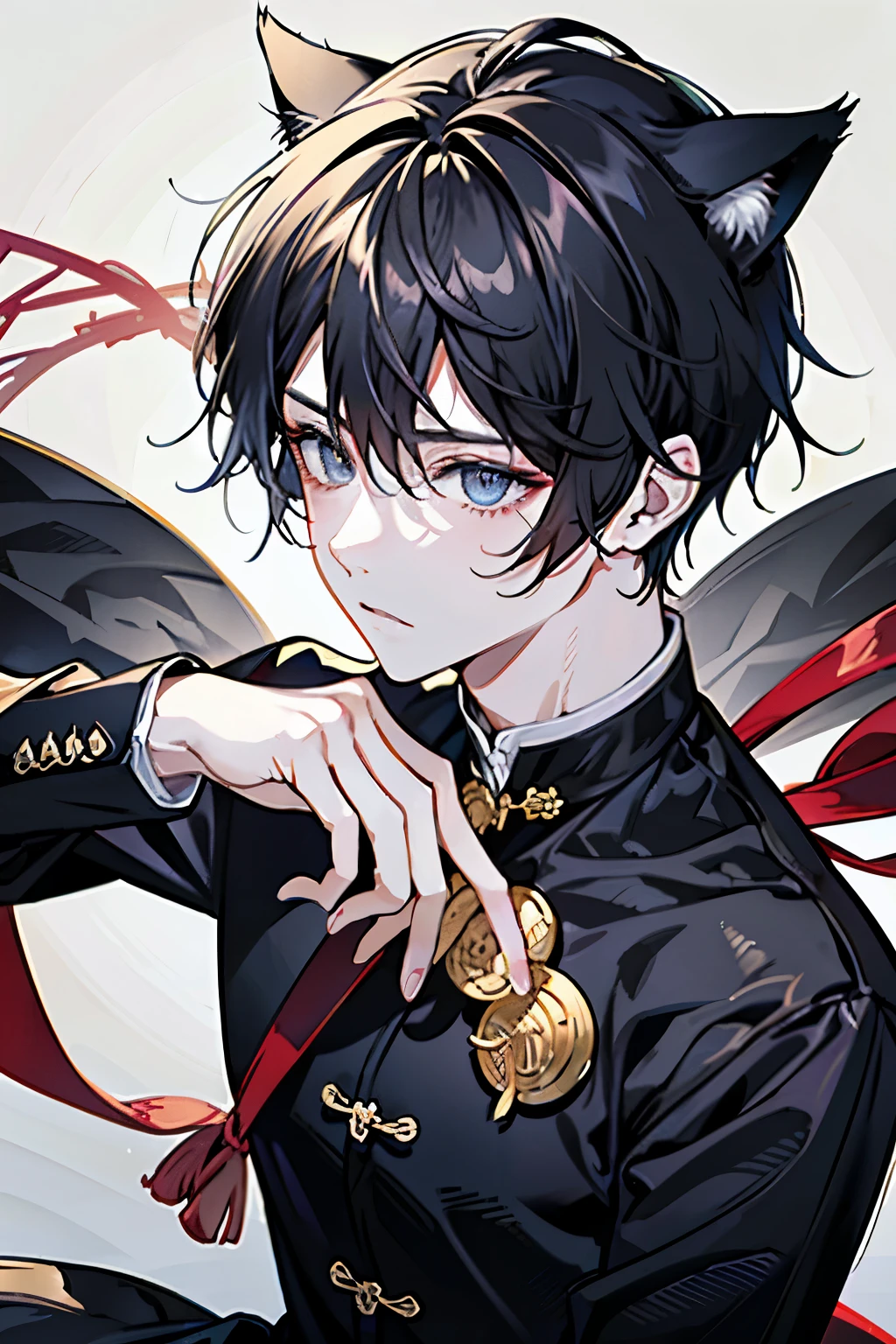 Cat ear、man、3✕3の目、black eye、イケメンman高校生、
black haired、Center divided mash、The background is the living room of the house、