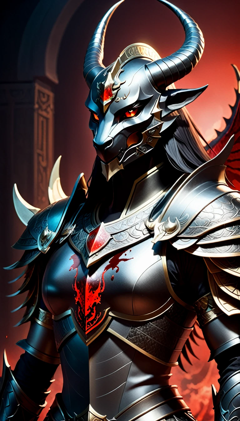 There is a picture of a person, 这幅画描绘的是一只有着金色头和角的warrior, movie stills,unfinished, incubation (texture),Dragon knight full body photo, Mysterious Anubis and Valkyrie, Super detailed fantasy characters, dragon portrait, black balance color, white and red,sleipnir'Photo, ghost of anubis, 4K details fantasy, Polaroid Counting Trends, zbrush competition champion, Draw using zbrush, ZBrush Central Competition Champion, warrior, (The whole body is covered with blood:1.2)