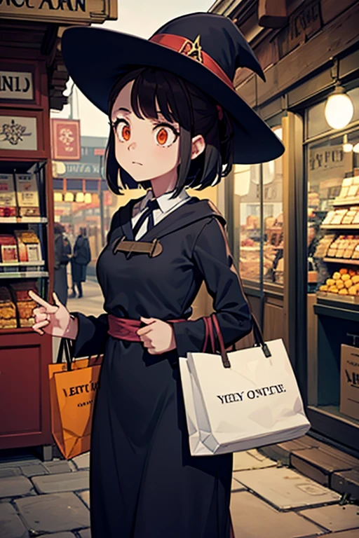 A black haired female witch with orange eyes in a conservative Victorian dress is shopping in a creepy market place